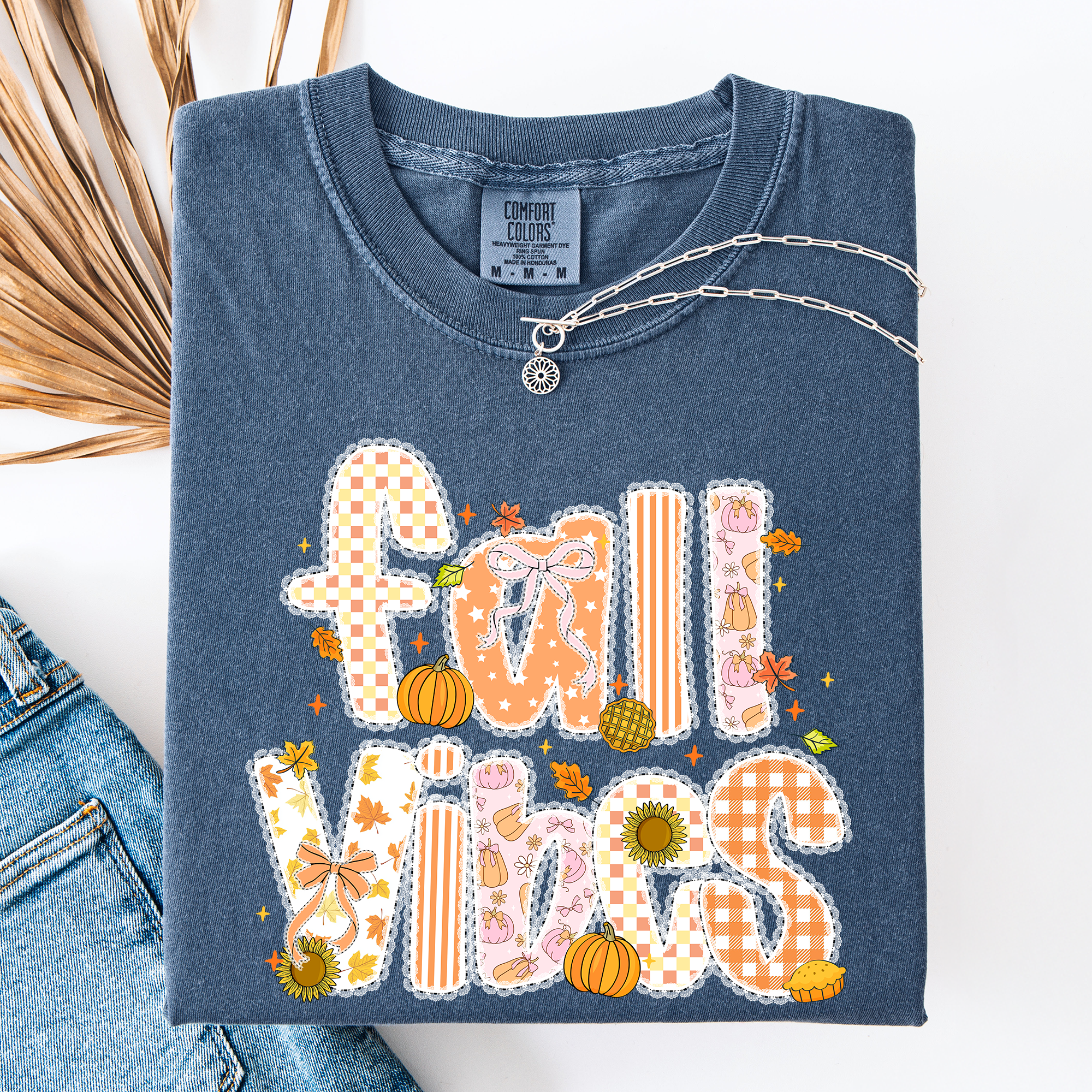 Fall Vibes Floral Stripes Pumpkin Motif Vintage Varsity Style Edition Comfort Colors Tee