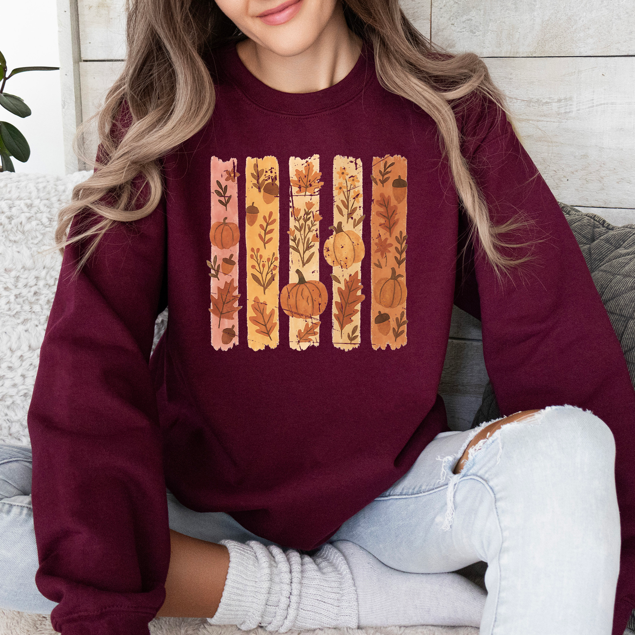 Fall Brush Stroke Floral Pumpkin Autumn Harvest Scene Artwork Inspired By Seasonal Mood Sweatshirt