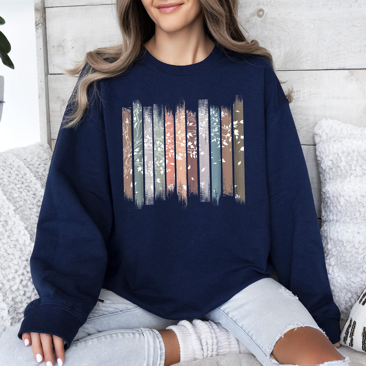 Falling Leaves, Botanical Stripes Autumn Nature-Inspired Print Cozy Fleece Sweatshirt