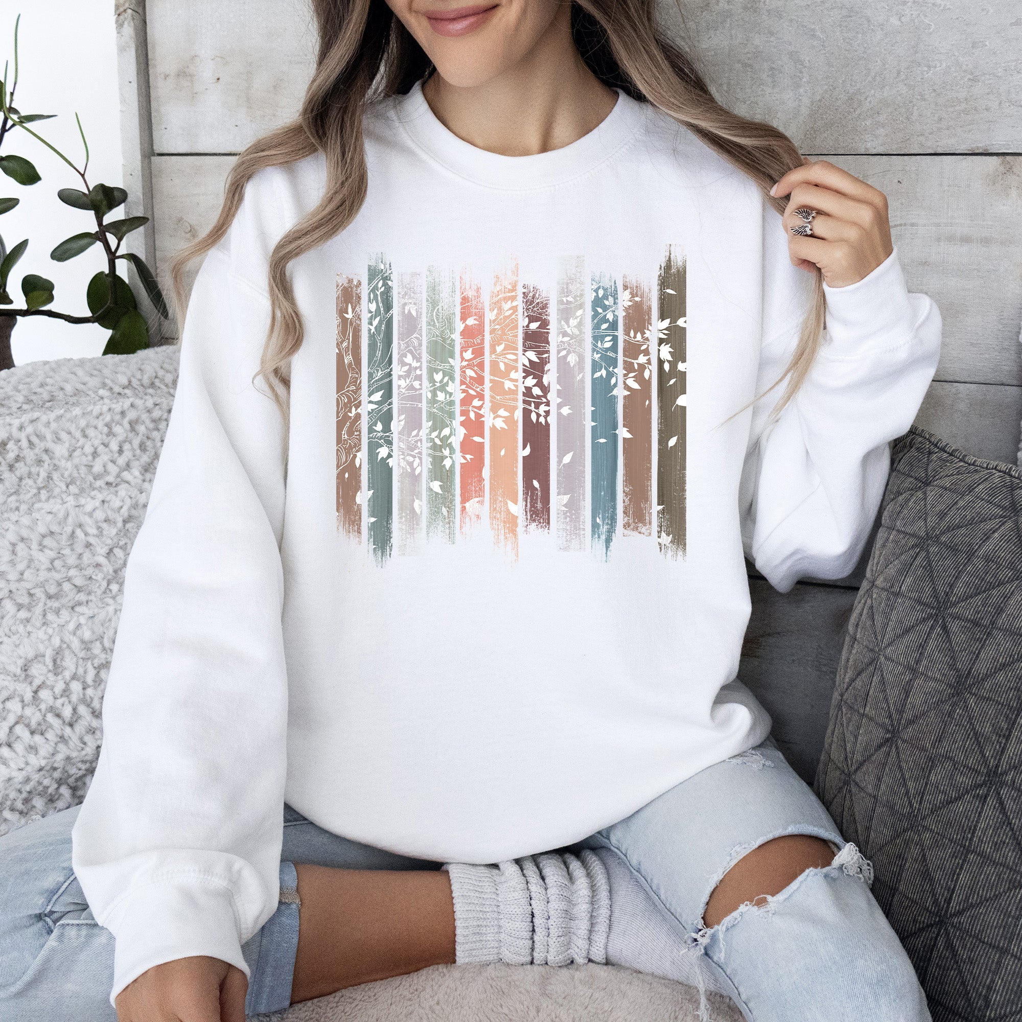 Falling Leaves, Botanical Stripes Autumn Nature-Inspired Print Cozy Fleece Sweatshirt
