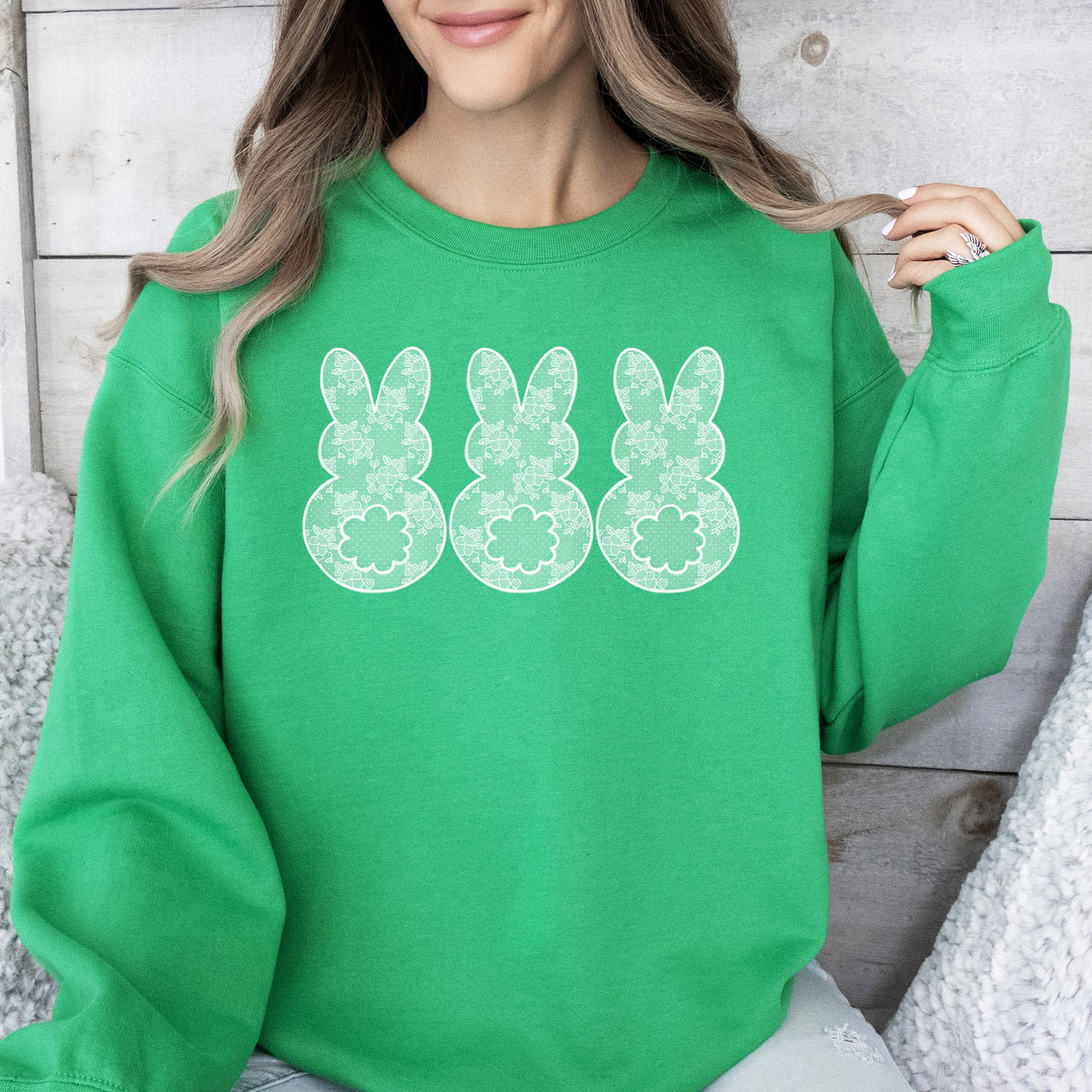 Faux Lace Bunny, Coquette, In A Row, Easter, Bunny, Jesus, Rabbit Seasonal Sweatshirt