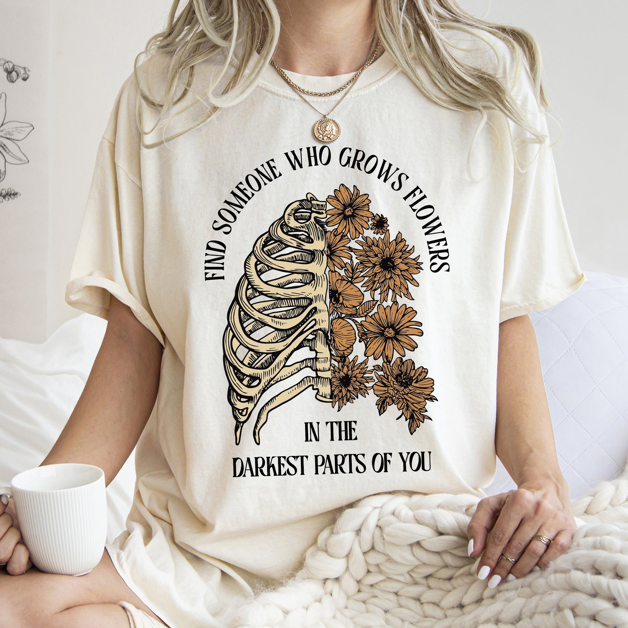 Find Someone Who Grows Flowers Skeleton Cowgirl Graphic Illustration Comfort Colors Tee