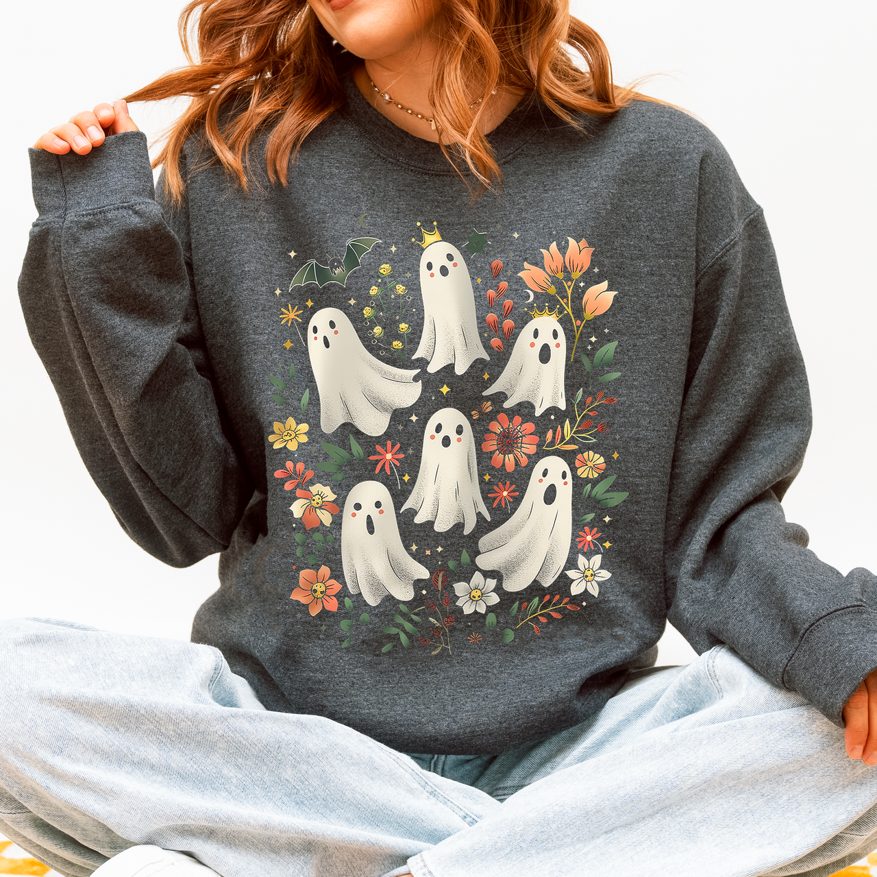 Floral Ghosts Beautiful Halloween Coquette Girly Autumn Fall Gothic Charm Sweatshirt