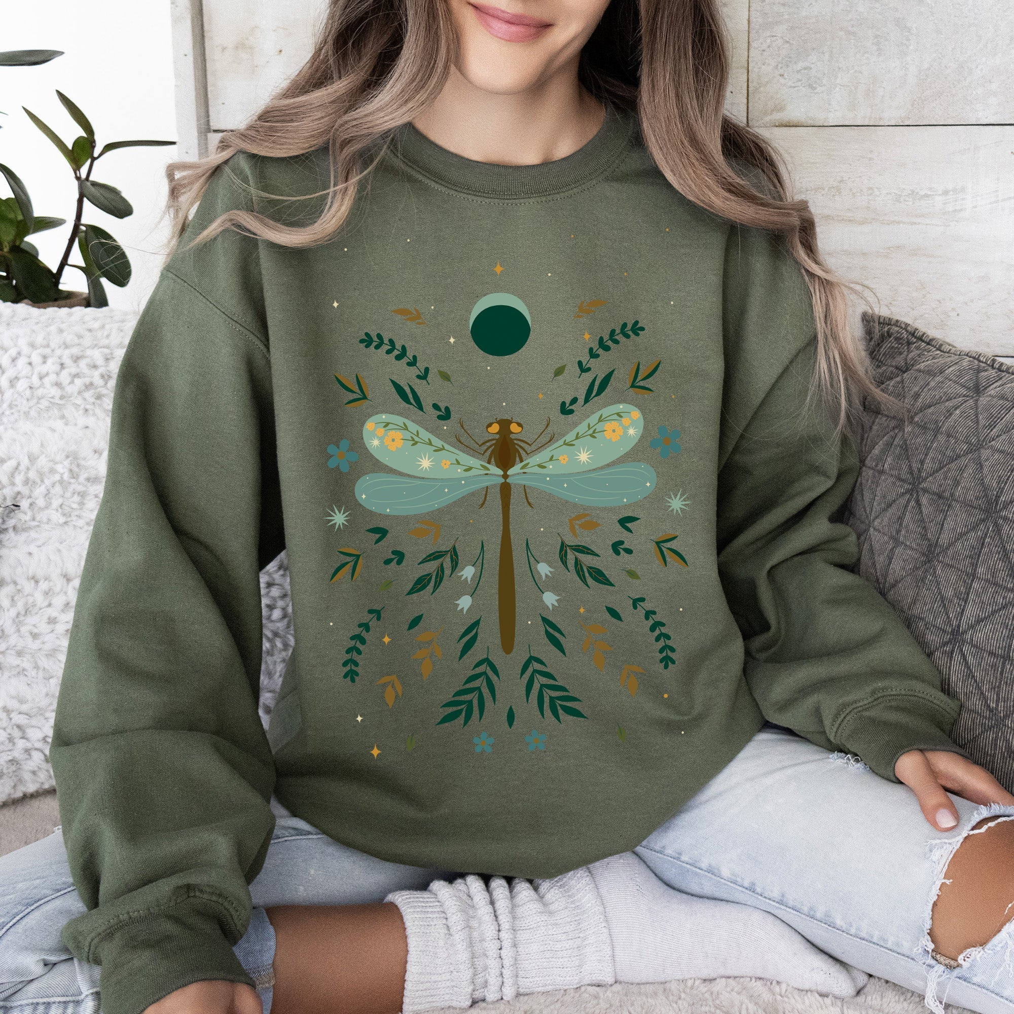 Floral Night Sky, Dragonfly, Moon, And Blooms Celestial Garden Limited Edition Sweatshirt