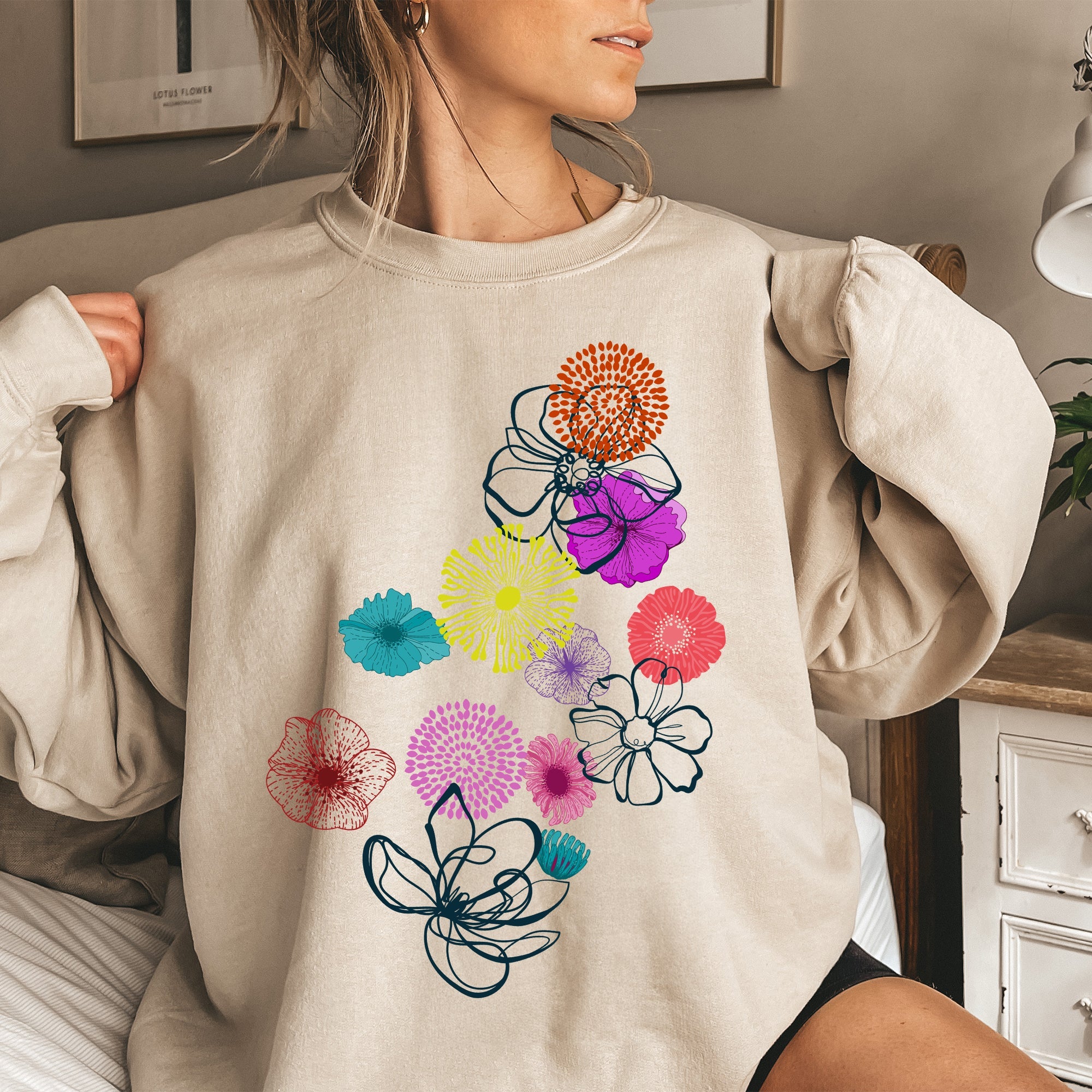 Floral Outlines Leaves Flowers Colorful Botanical Artwork Nature Inspired Cozy Sweatshirt