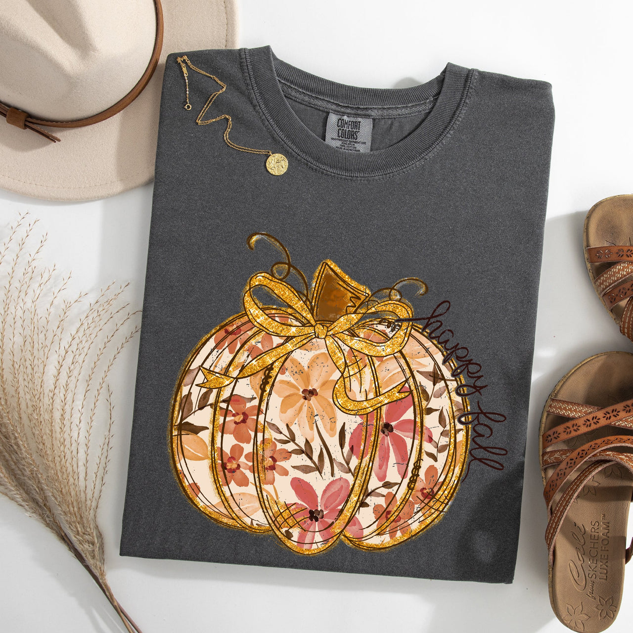 Floral Pumpkin Happy Fall Flowers Autumn Thanksgiving Harvest Seasonal Design Comfort Colors Tee