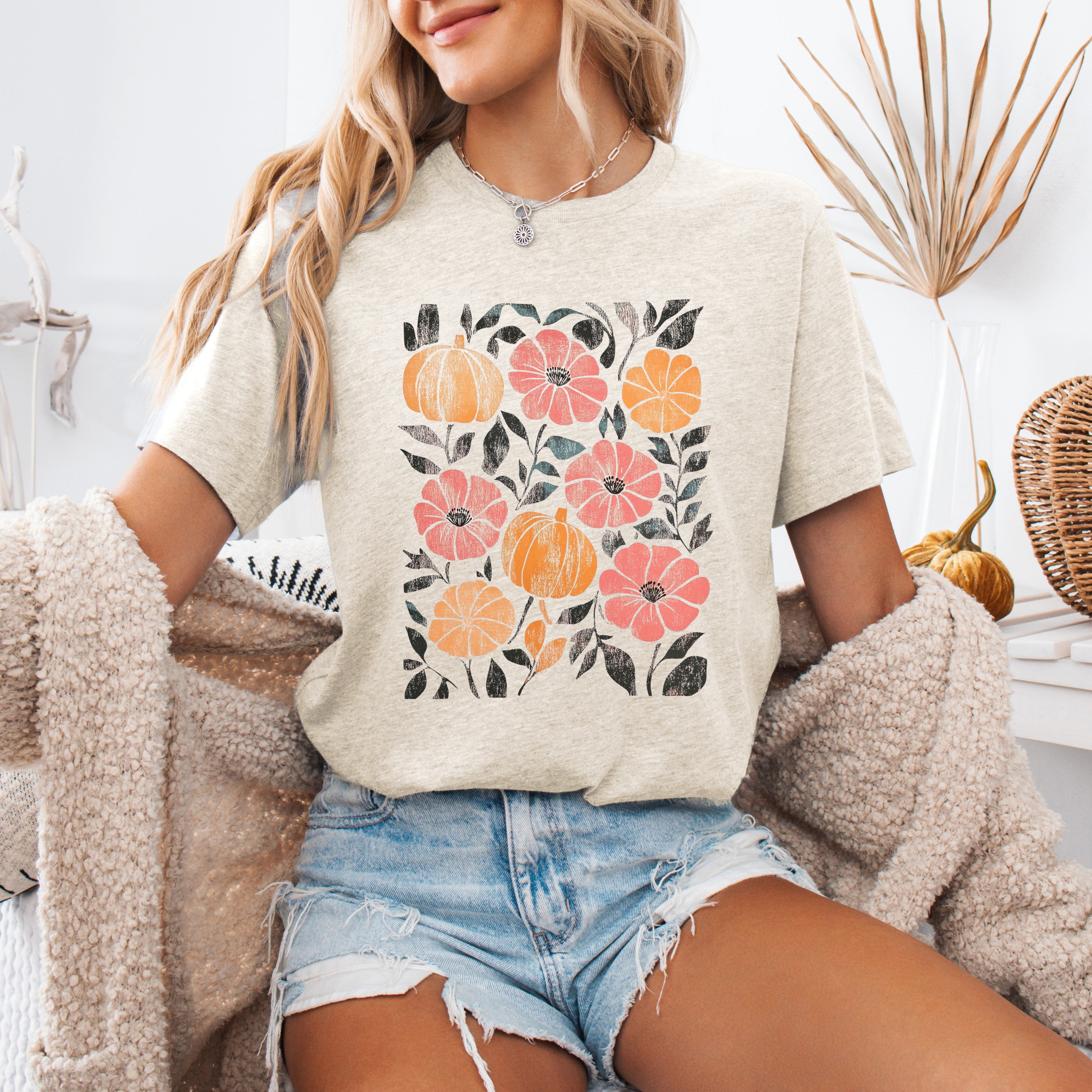 Flowers And Pumpkins Watercolor Halloween Autumn Garden Scene With Soft Moody Glow Graphic Tee