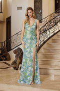 Nox Anabel G1651 Deep V-Neck Fully Beaded Fringed Waistline Dress
