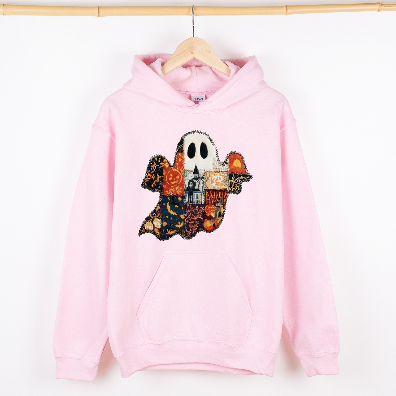 Ghost Faux Quilt Vintage Haunted Autumn Charm Cozy Spooky Patchwork Nightfall Graphic Hoodie