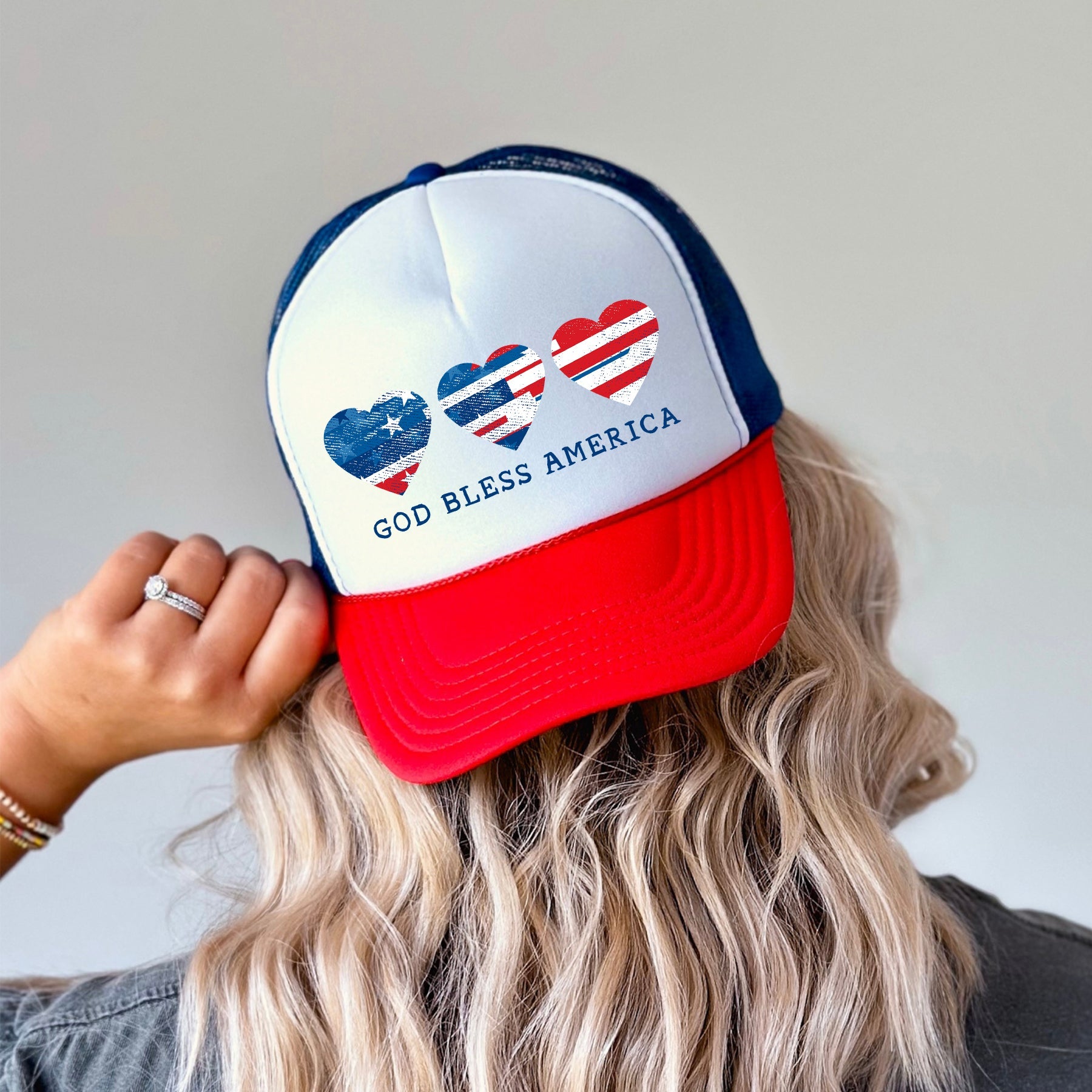 God Bless America Hearts Patriotic Embroidered USA Flag Patch American Pride Trucker Hat