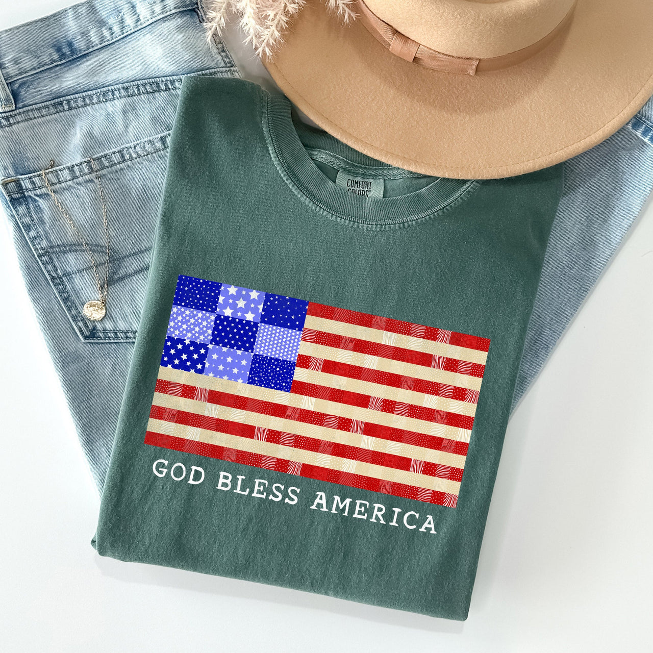 God Bless America Land That I Love USA Flag Patriotic Graphic Comfort Colors Tee