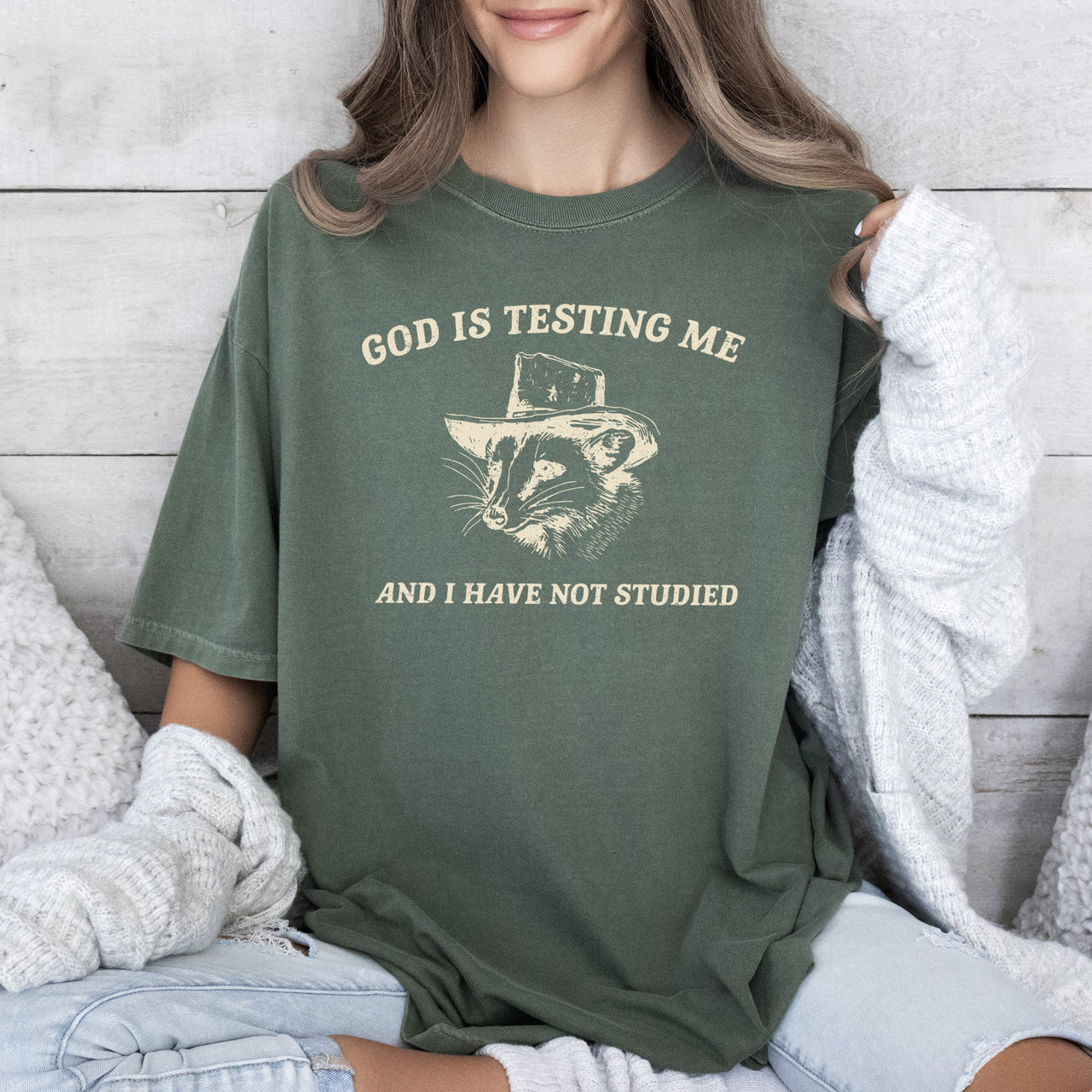 God Is Testing Me Possum Meme Laughing Through Adversity Quirky Animal Humor Edition Comfort Colors Tee