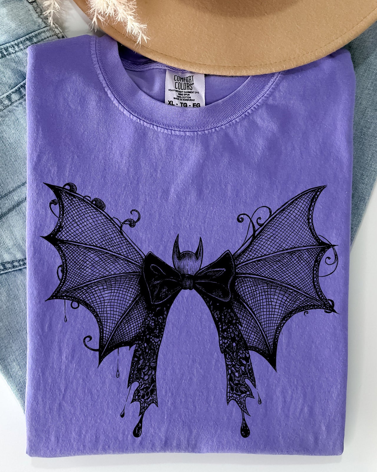 Halloween Bat With Delicate Lace Gothic Witch Silhouette And Spooky Night Motif Comfort Colors Tee