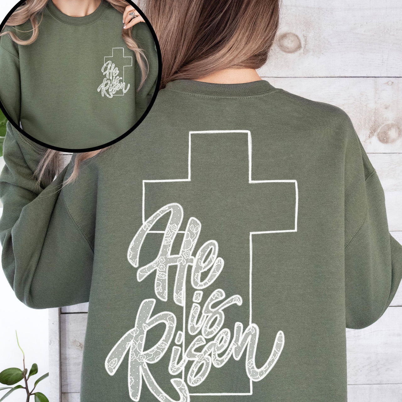 He Is Risen Faux Lace Girly Cross Coquette Christian Jesus Gospel Faith Saved Sweatshirt