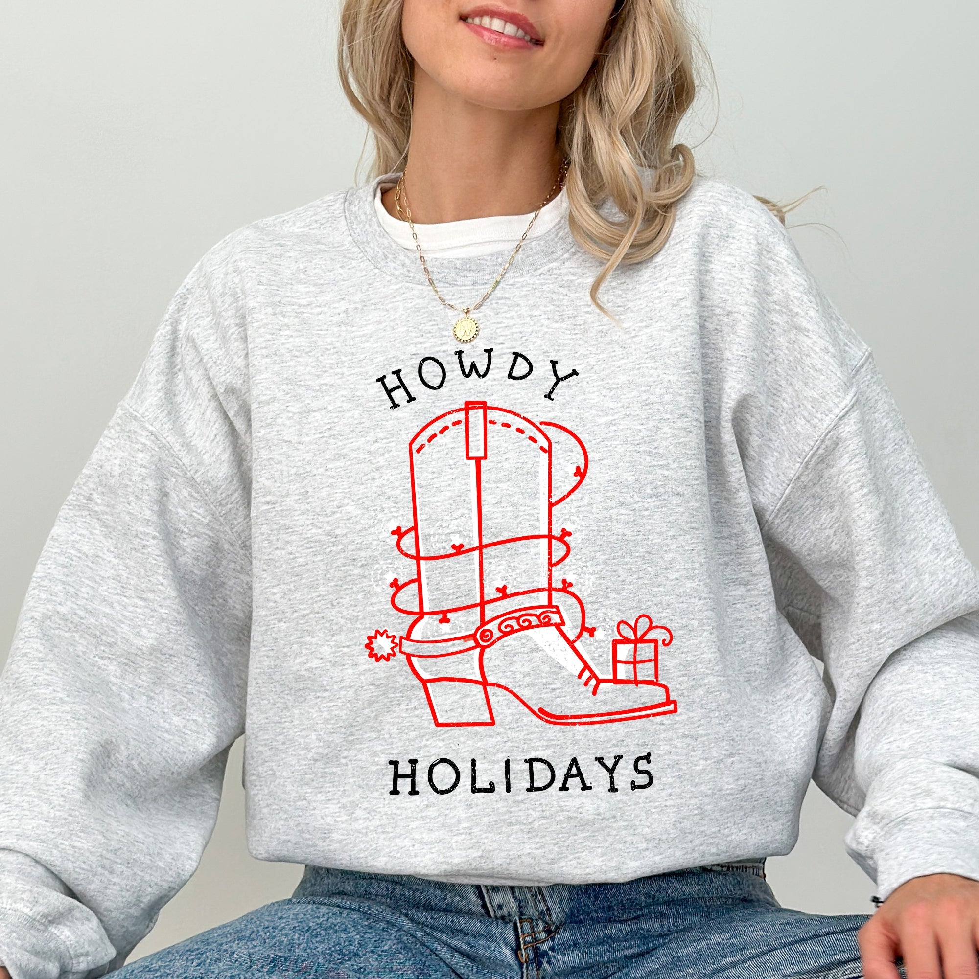 Howdy Holidays Christmas Cowboy Boot Country Western Xmas Graphic Premium Sweatshirt
