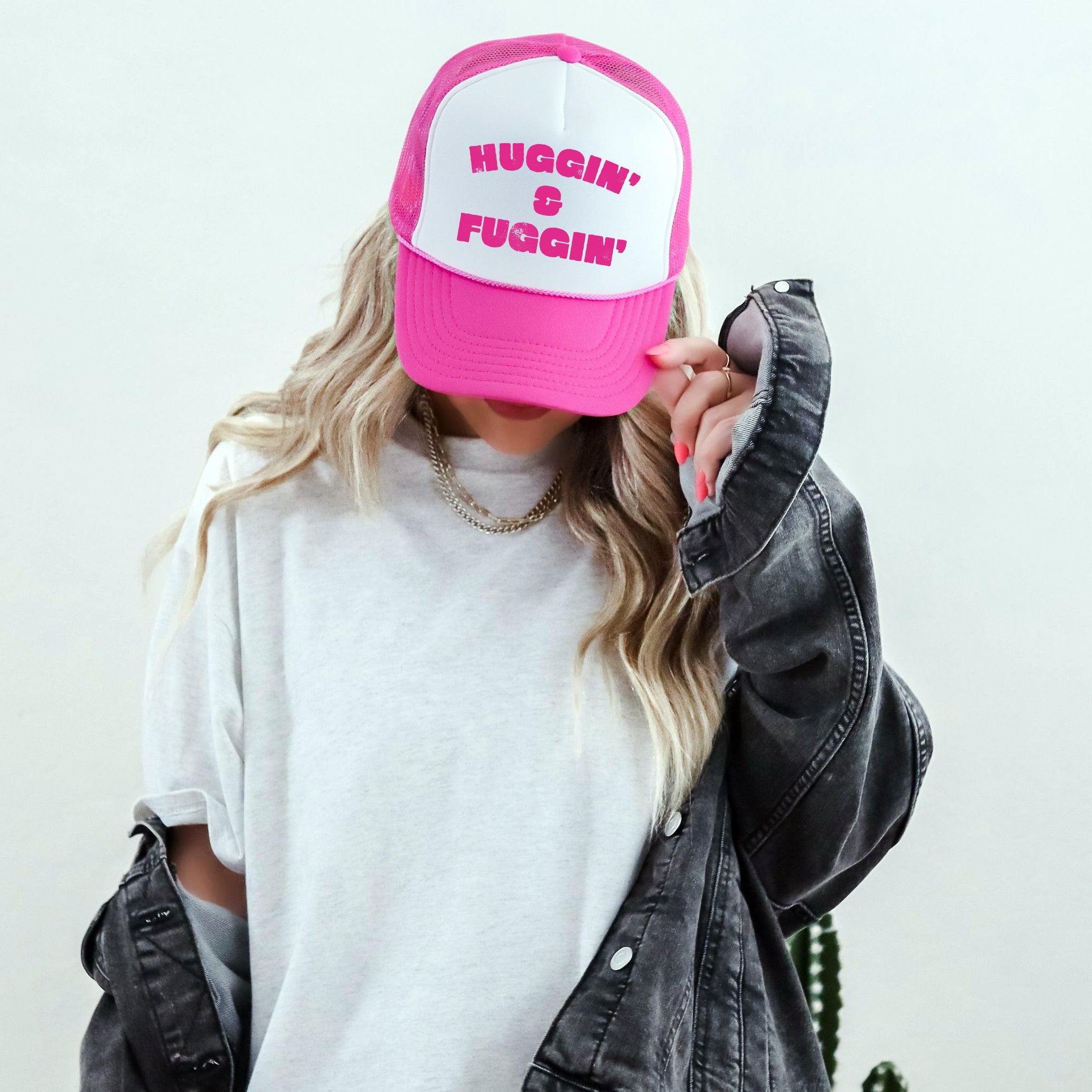 Huggin And Fuggin Sassy Funny Bright Pink Sparkle Statement Snapback Trucker Hat