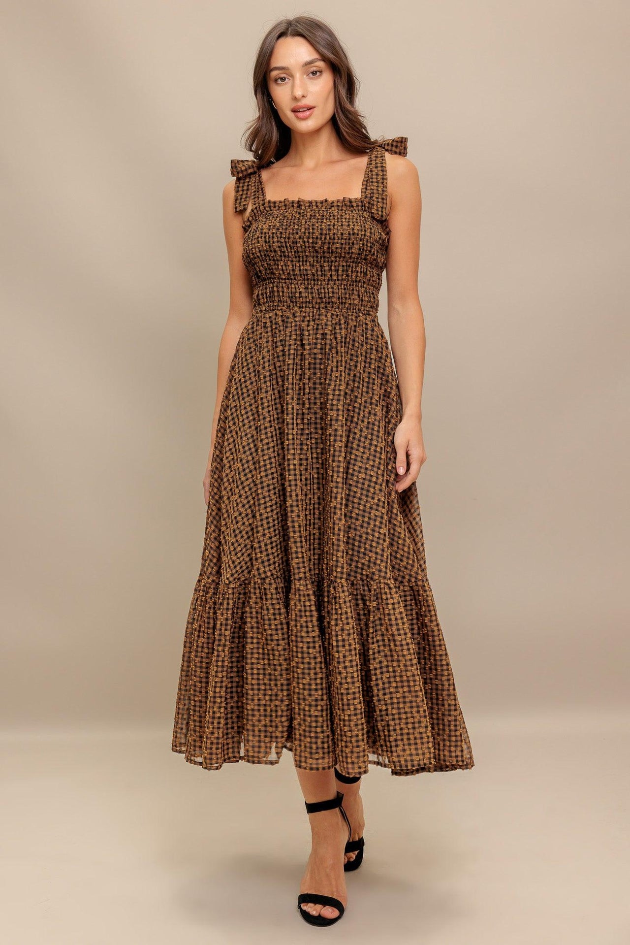 CHECKED DAYDREAM WOVEN MIDI DRESS