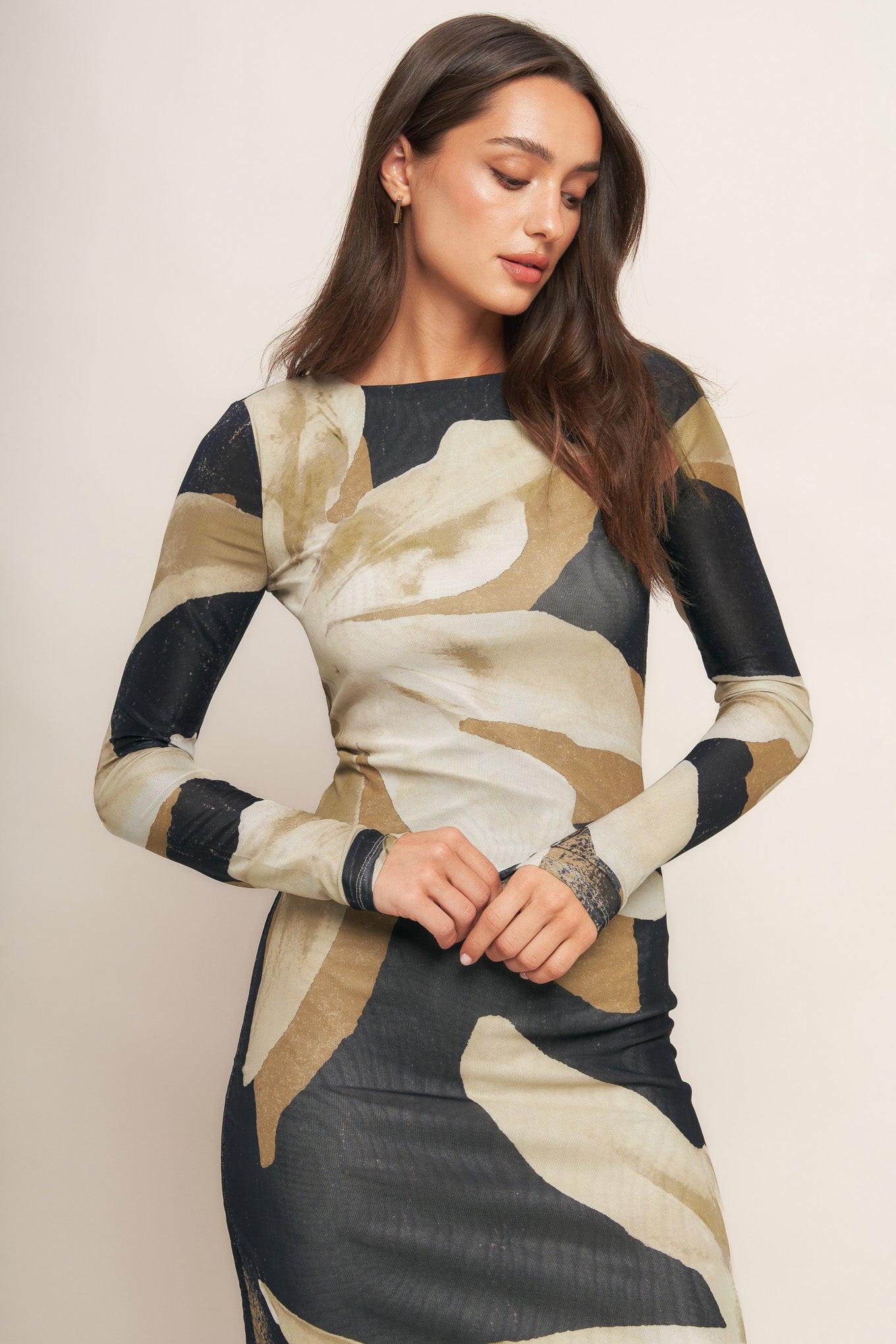 ABSTRACT BOTANICA POWER MESH MIDI DRESS
