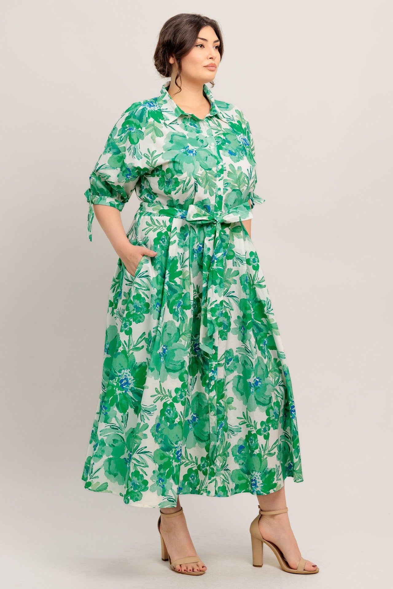SIMPLY IN BLOOM WOVEN MIDI SHIRT DRESS