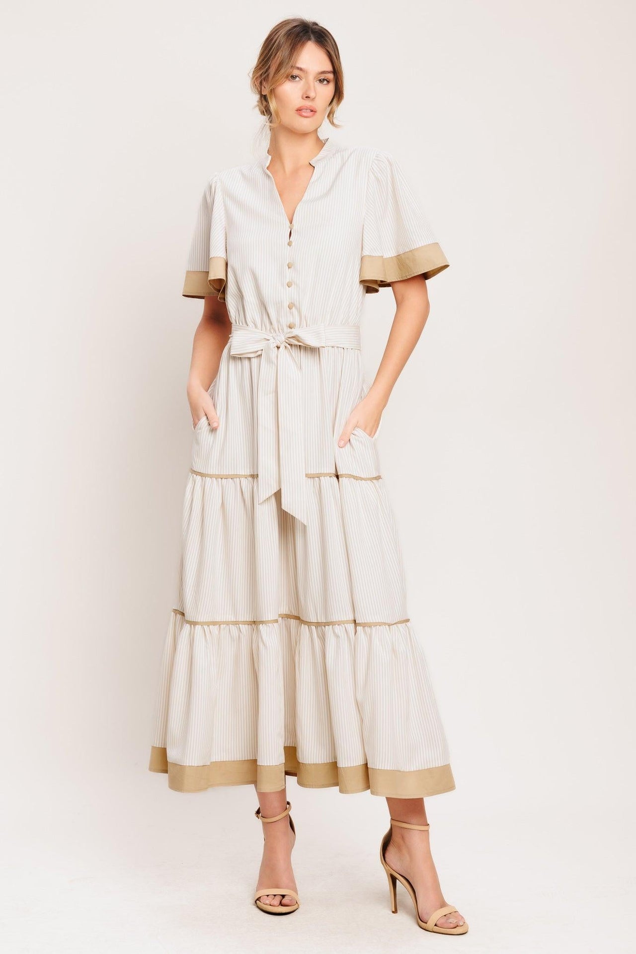 PARIS MORNING TAUPE WOVEN MIDI DRESS