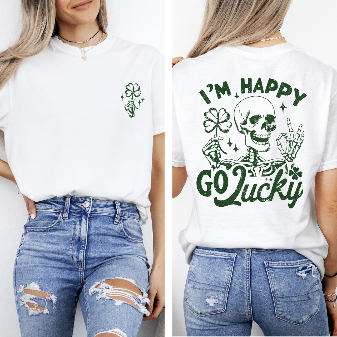 I'm Happy Go Lucky Skeleton St Patrick's Day Shamrock Clover Leprechaun Comfort Colors Tee