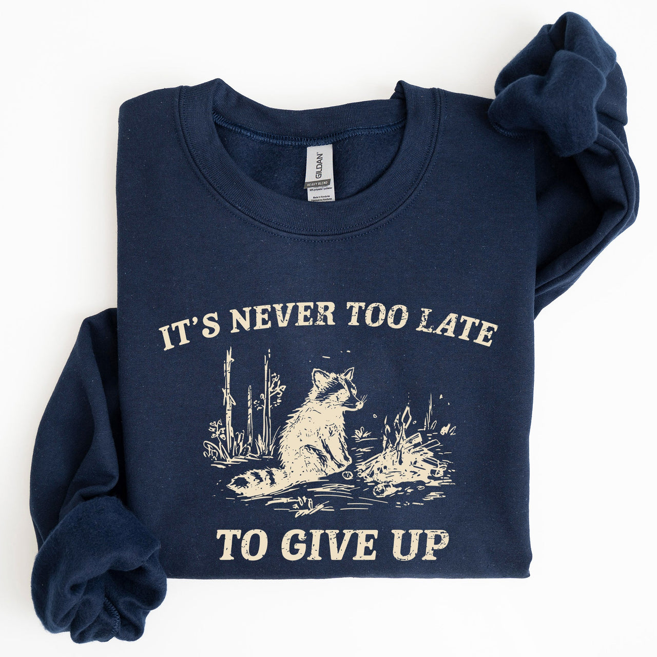 It's Never Too Late To Give Up Raccoon Meme Design For Laughs And Everyday Quirk Sweatshirt