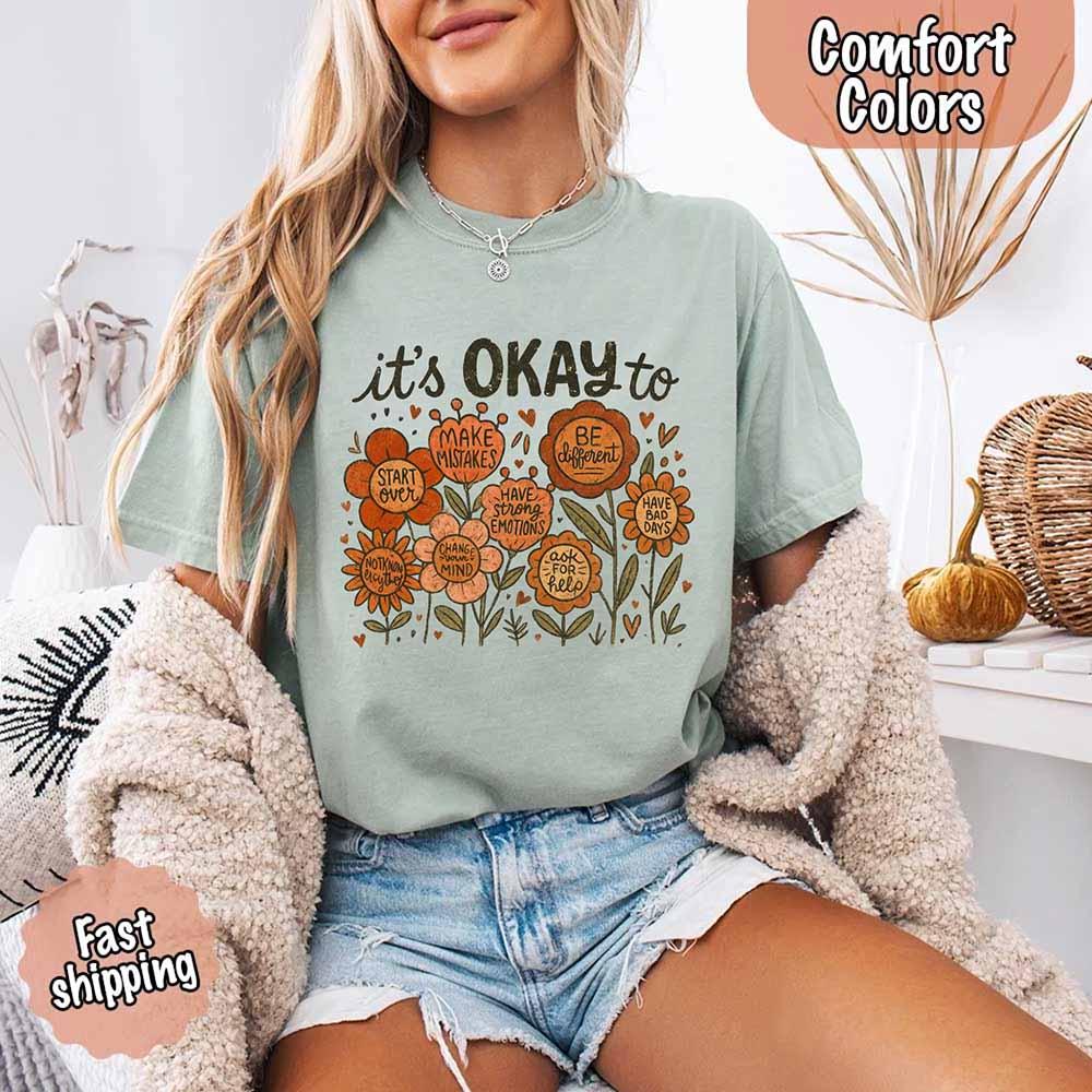 It’s Okay Boho Floral Comfort Colors Tee – Vintage Wildflower Shirt for Women