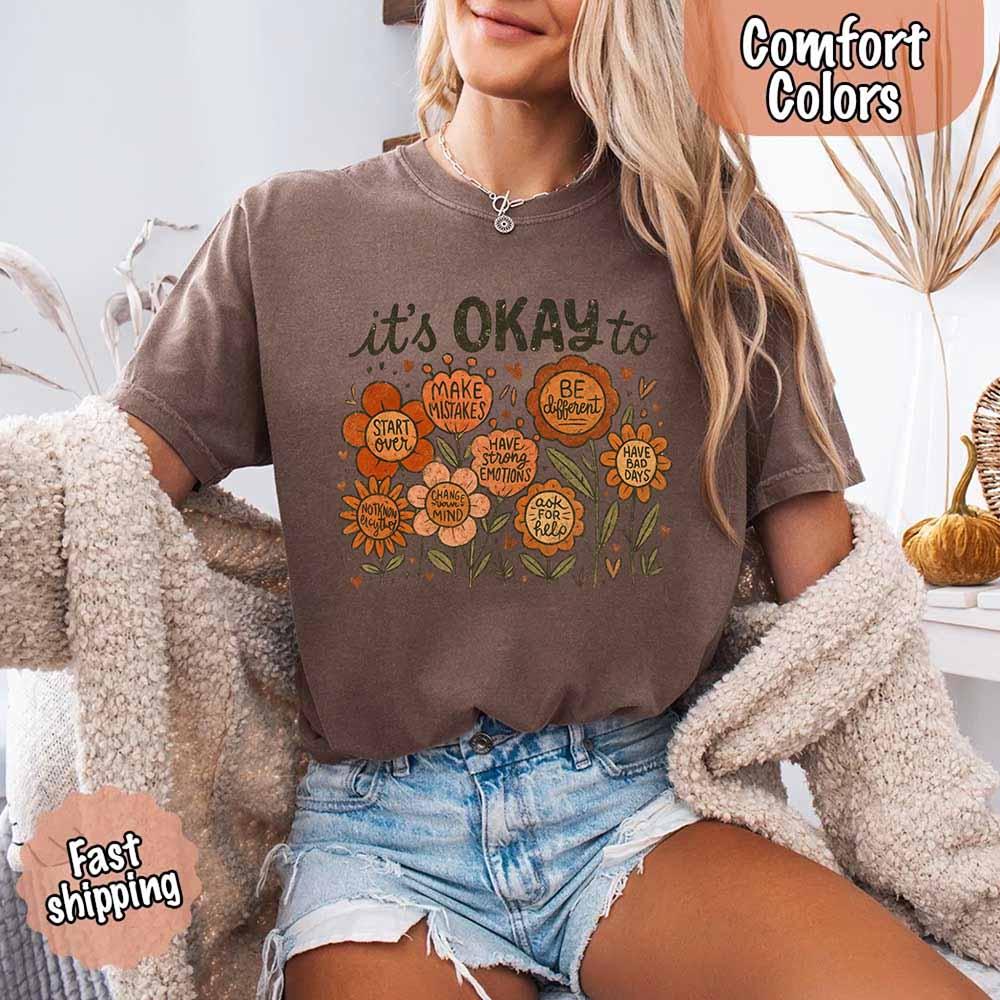 It’s Okay Boho Floral Comfort Colors Tee – Vintage Wildflower Shirt for Women