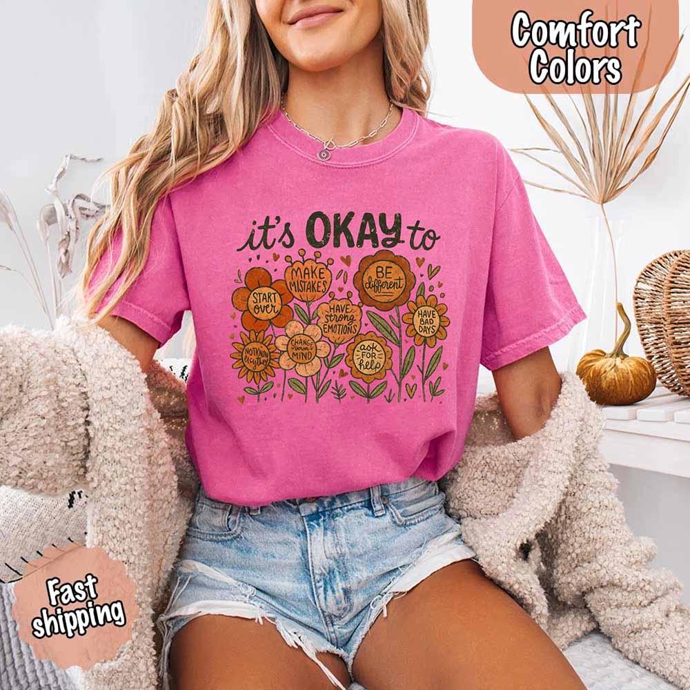 It’s Okay Boho Floral Comfort Colors Tee – Vintage Wildflower Shirt for Women