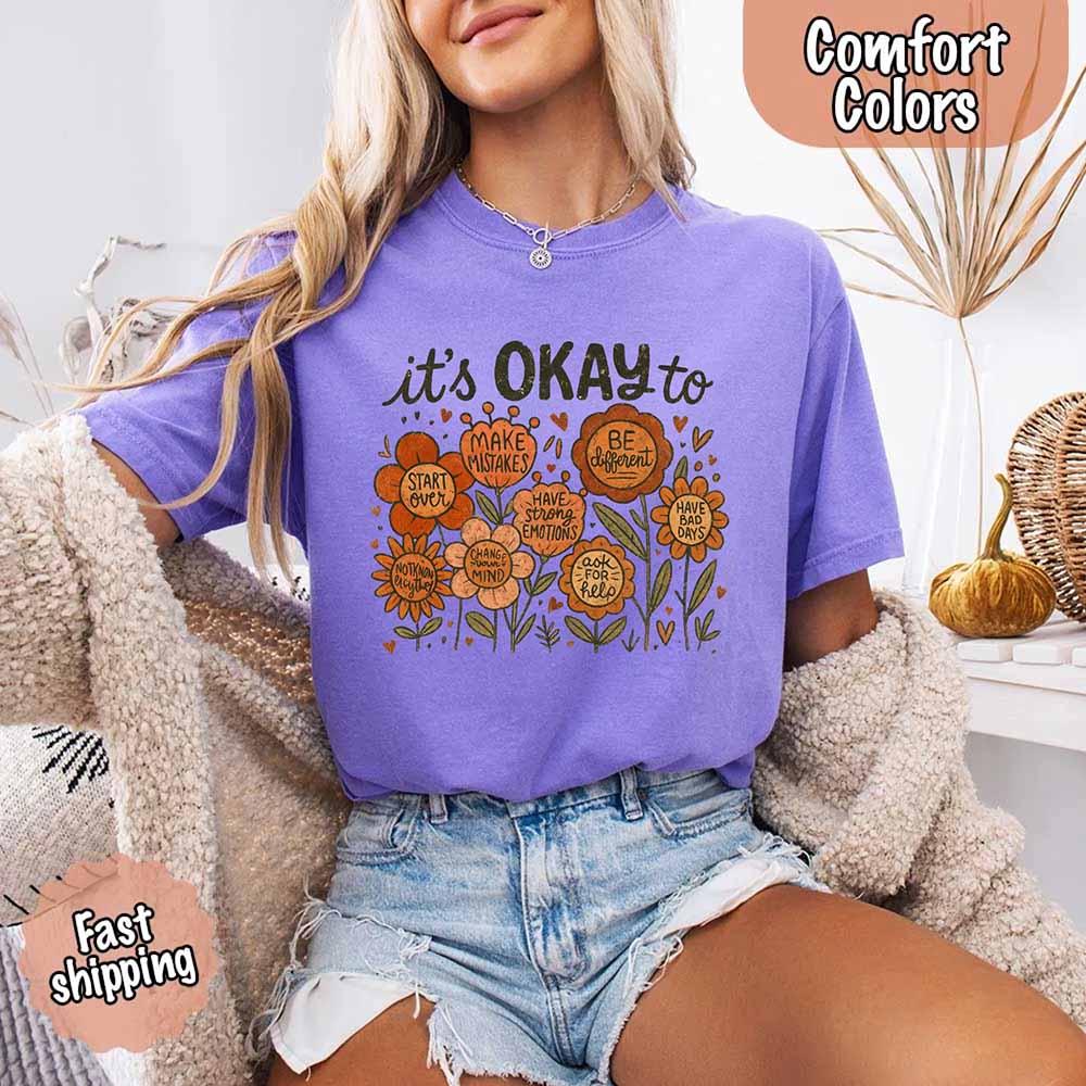 It’s Okay Boho Floral Comfort Colors Tee – Vintage Wildflower Shirt for Women