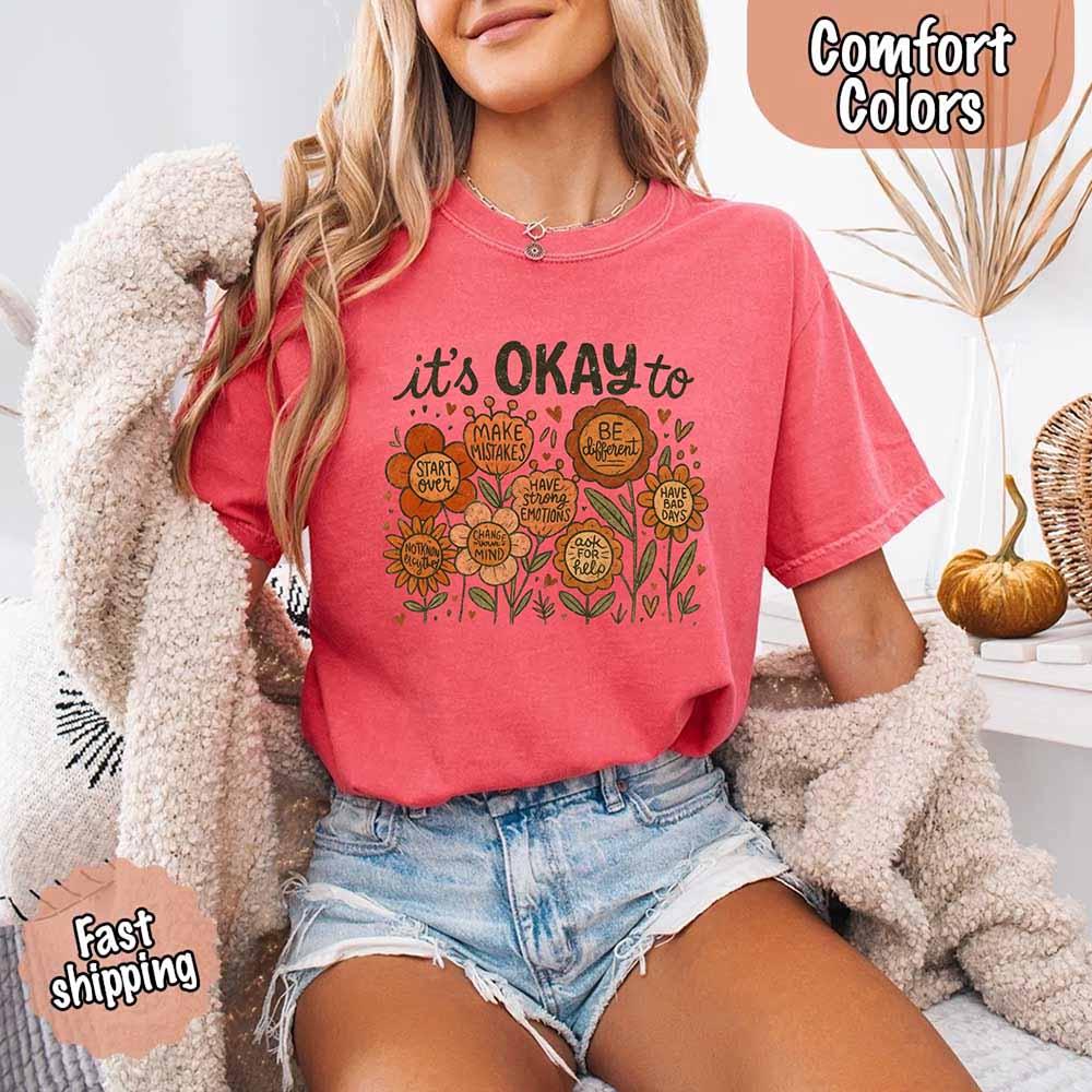 It’s Okay Boho Floral Comfort Colors Tee – Vintage Wildflower Shirt for Women