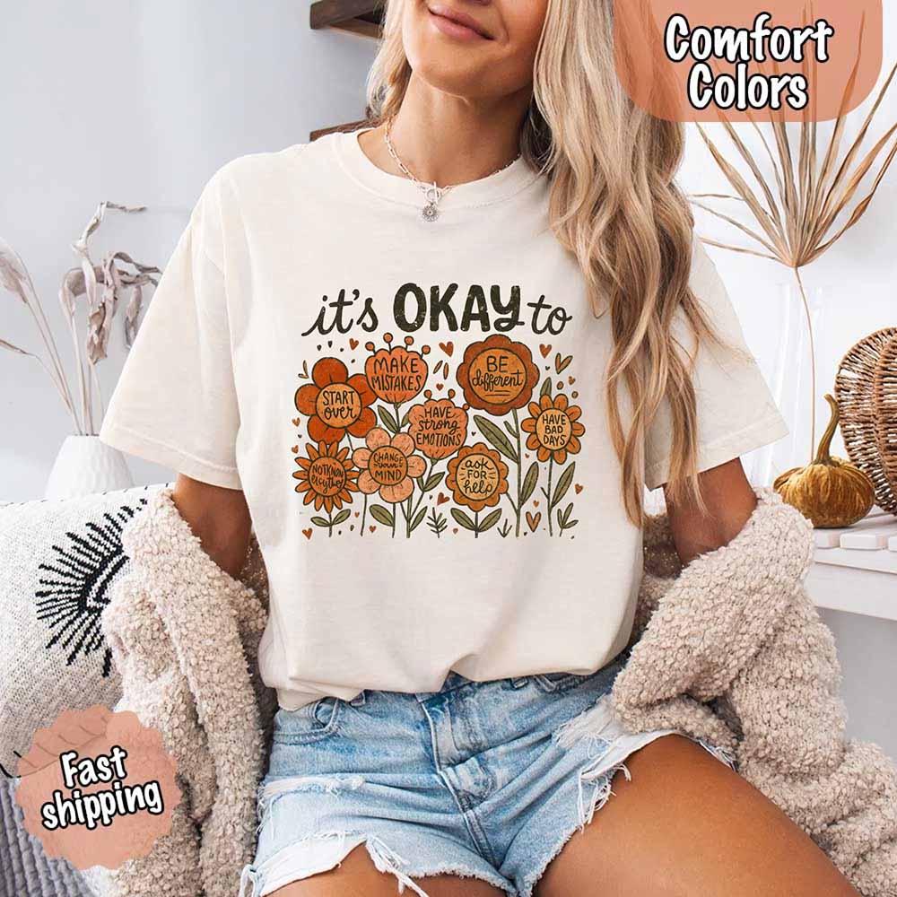 It’s Okay Boho Floral Comfort Colors Tee – Vintage Wildflower Shirt for Women