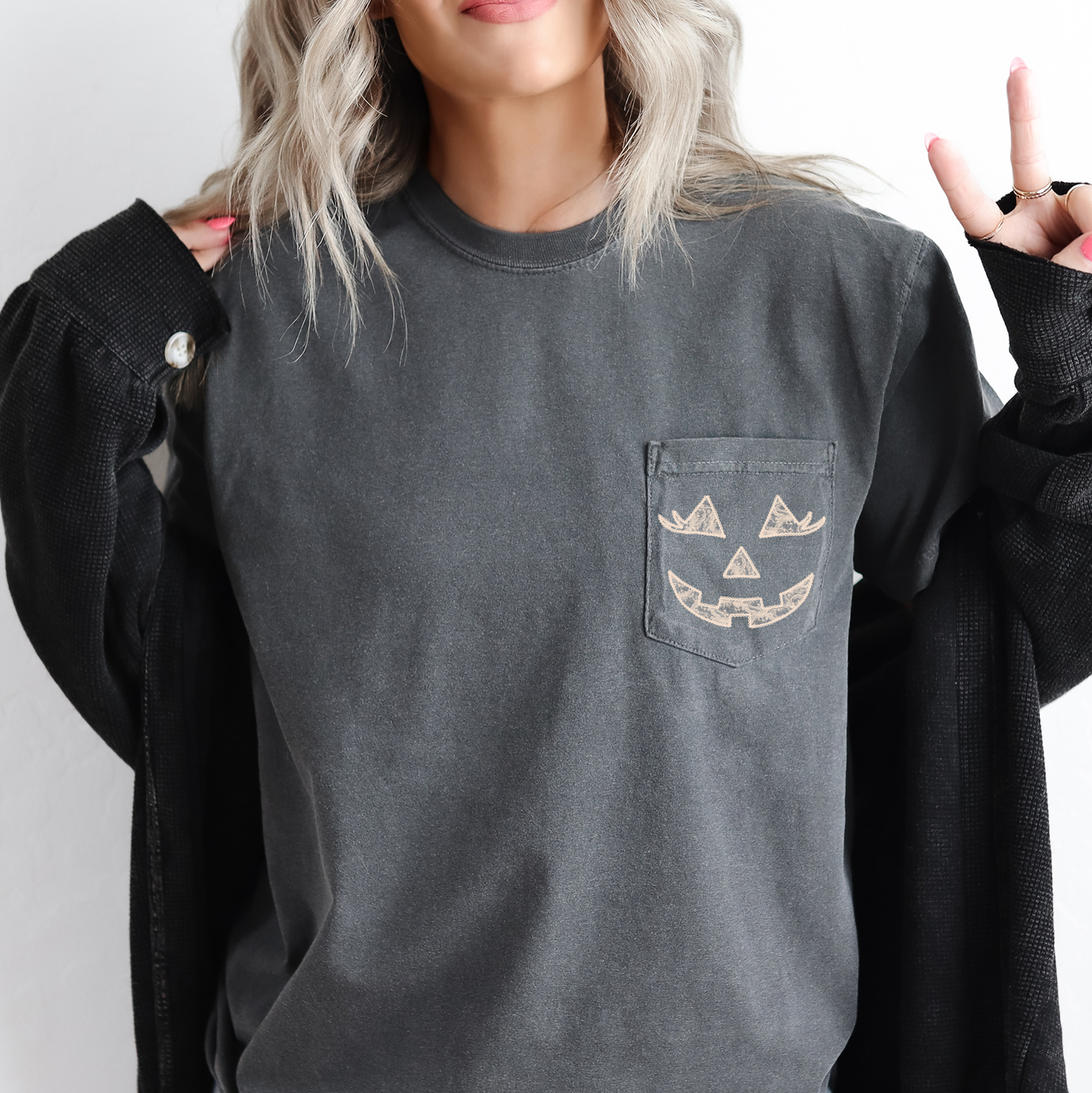 Jack O Lantern Coquette Faux Lace Halloween Pocket Limited Edition Comfort Colors Tee
