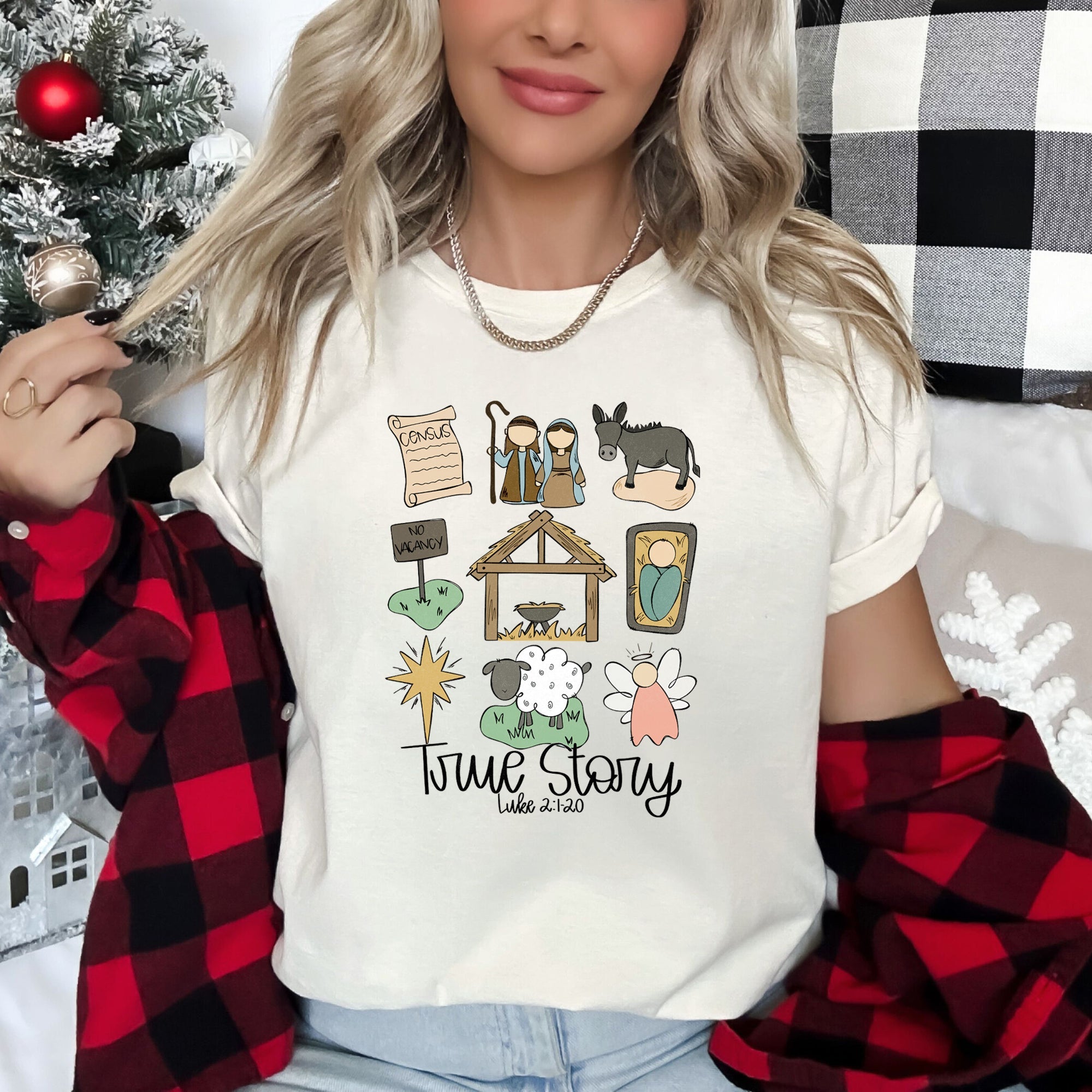 Jesus True Story Luke Two Manger Angel Christmas Bible Verse Faith Inspiration Graphic Tee