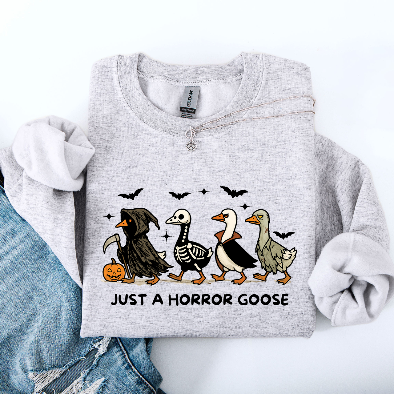 Just A Horror Goose Halloween Spooky Goose Graphic Print Cozy Seasonal Sweatshirt