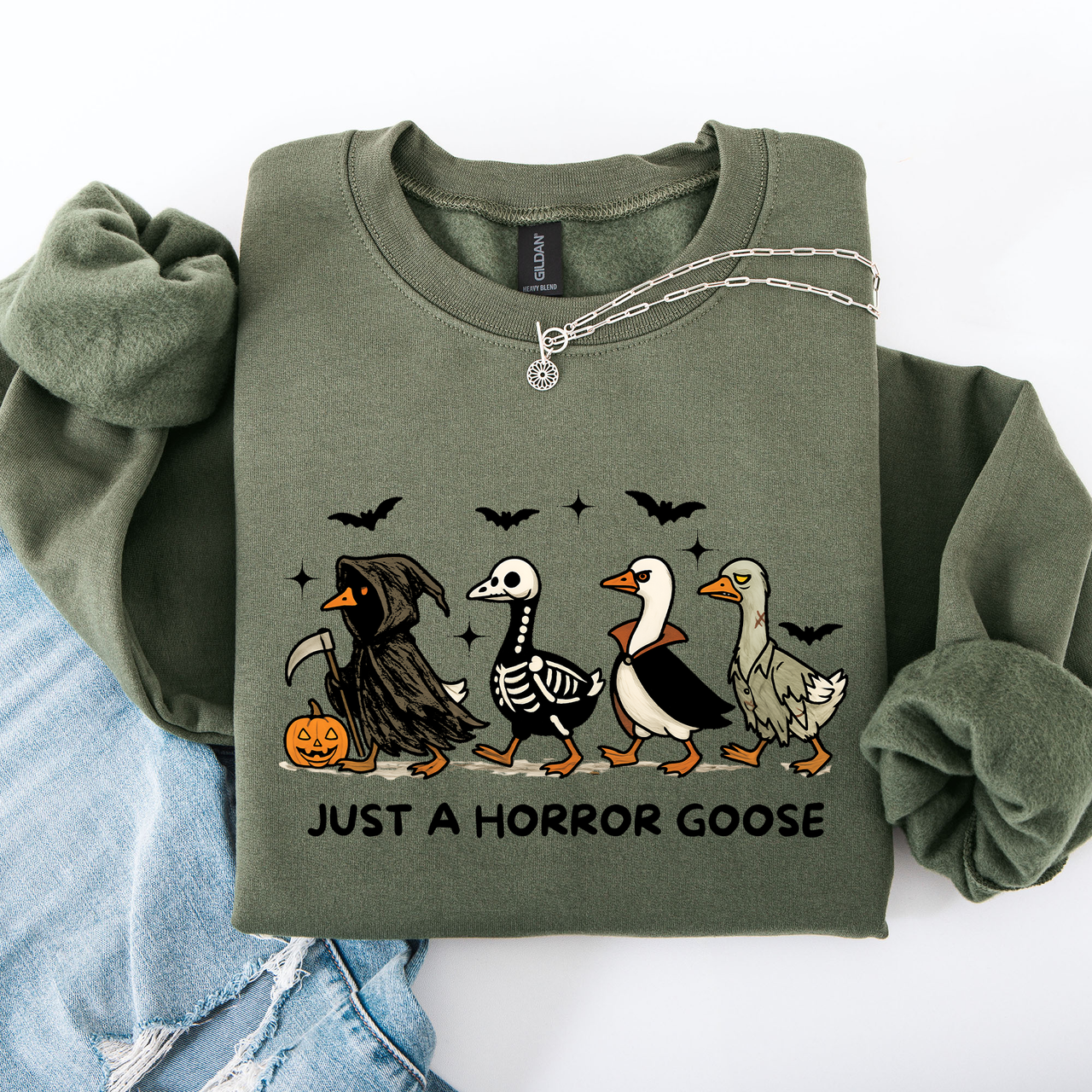 Just A Horror Goose Halloween Spooky Goose Graphic Print Cozy Seasonal Sweatshirt