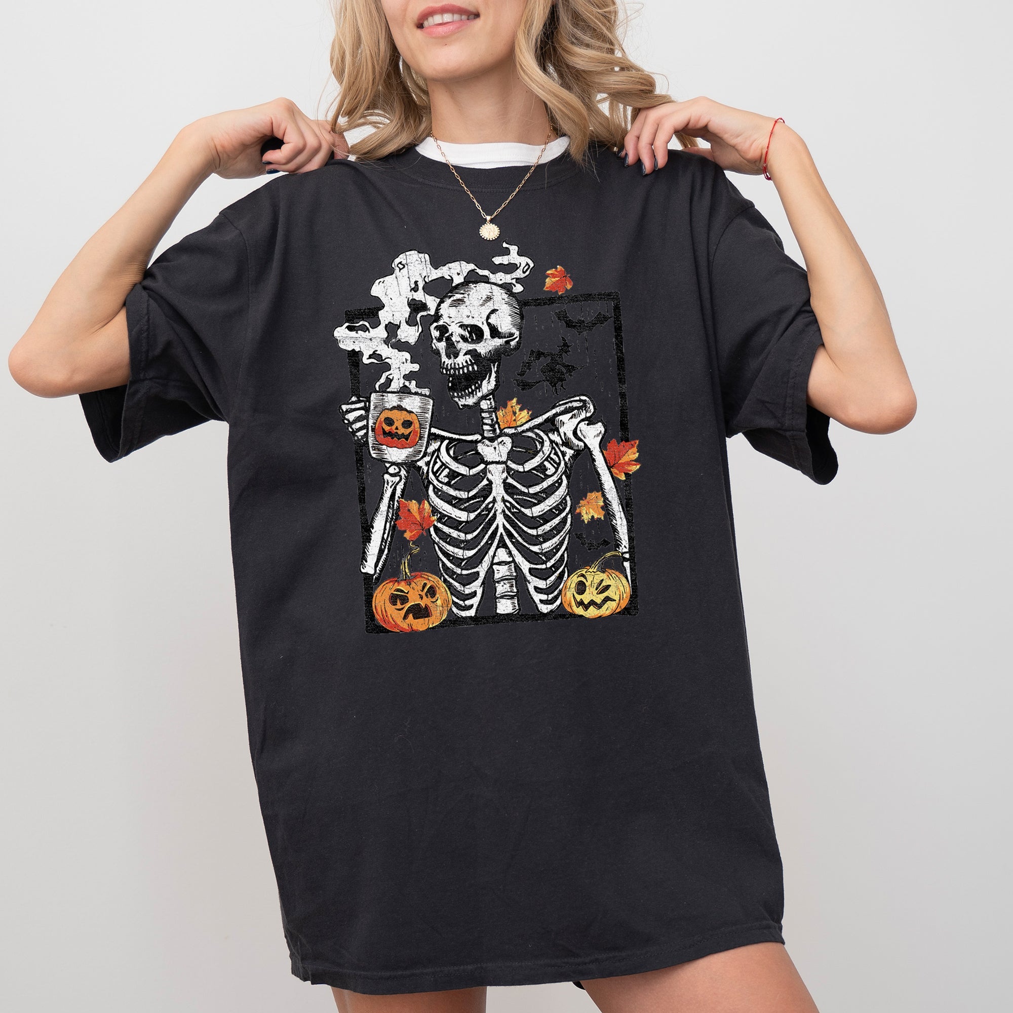 Skeleton Coffee Pumpkin Witch Halloween Spooky Costume Graphic Comfort Colors Tee