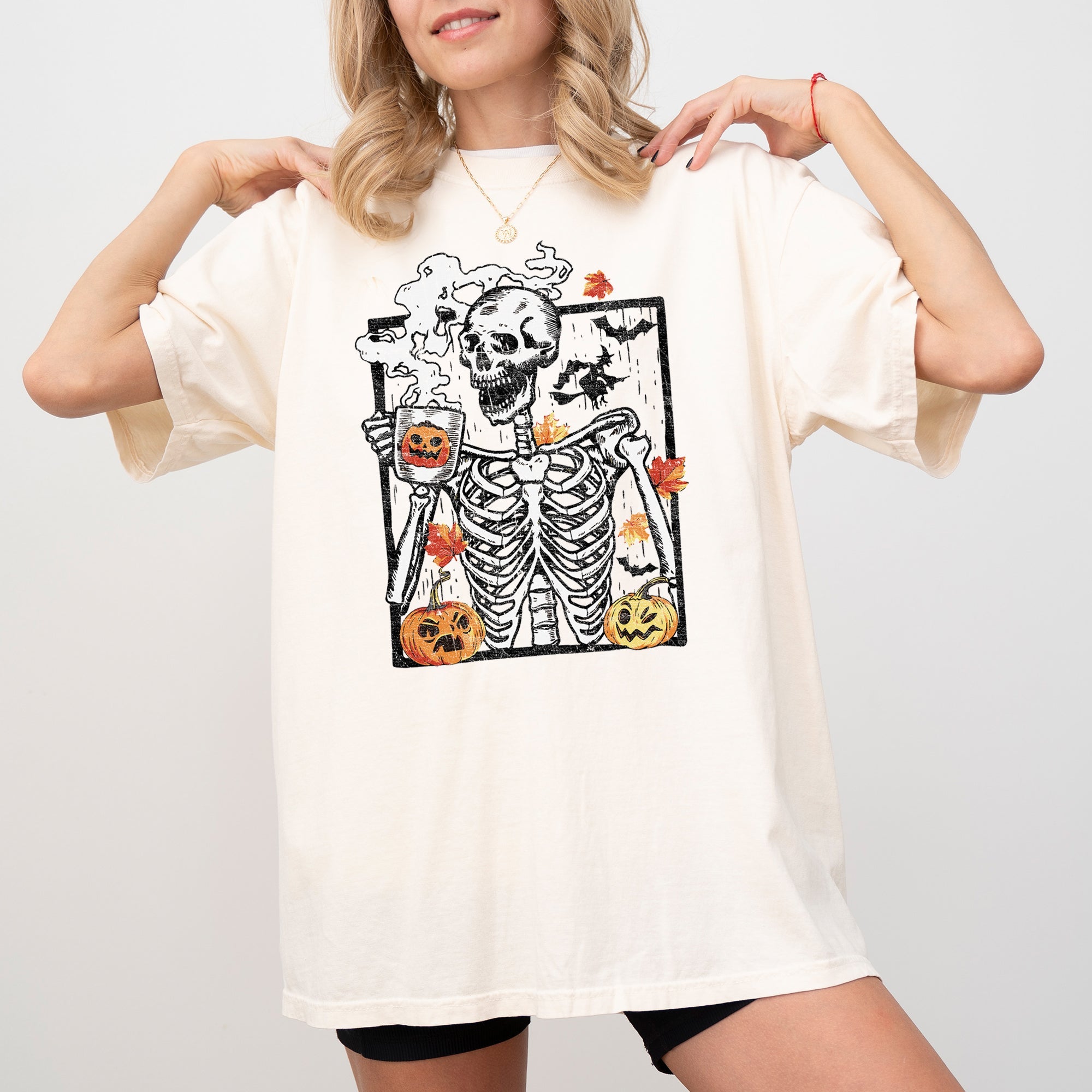 Skeleton Coffee Pumpkin Witch Halloween Spooky Costume Graphic Comfort Colors Tee