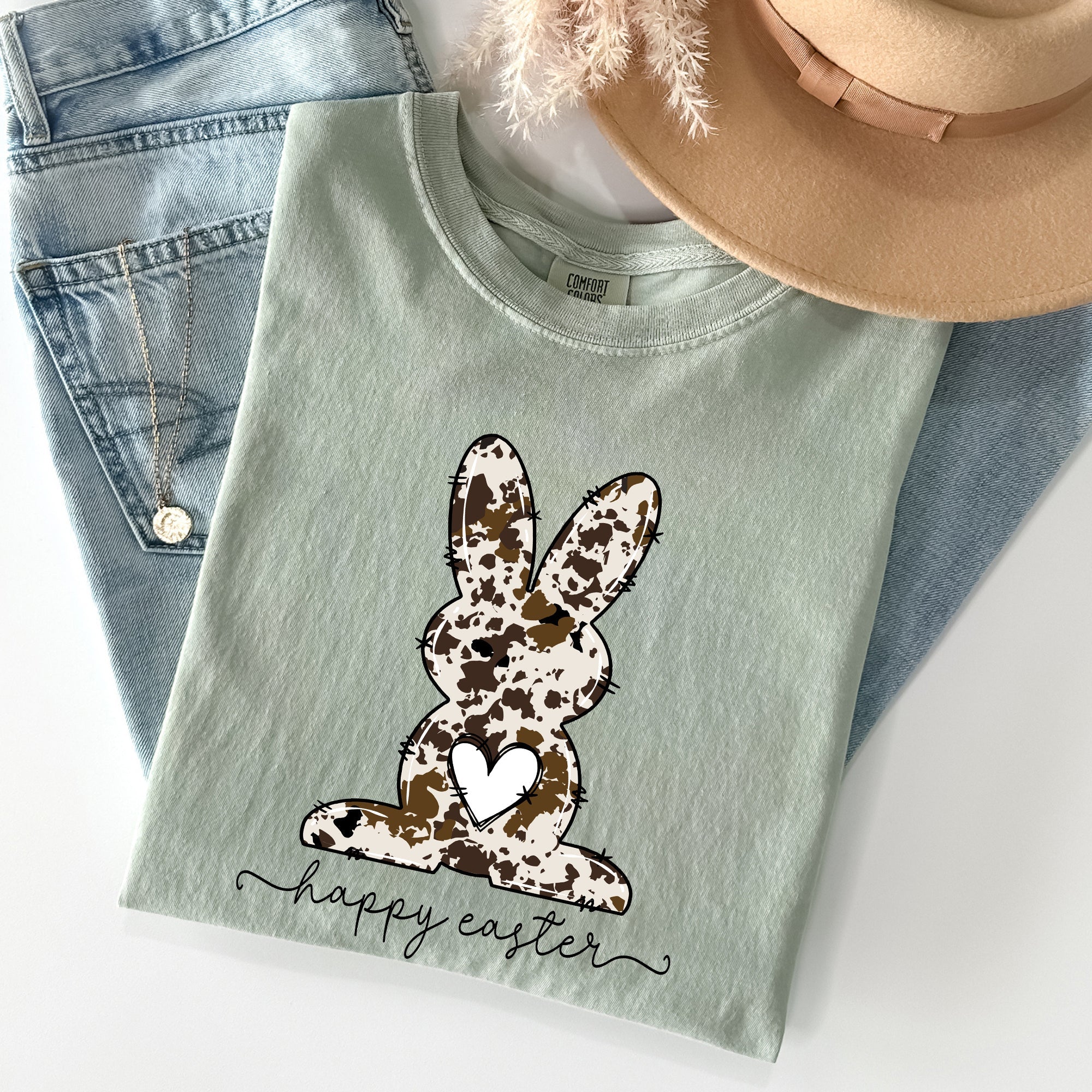 Easter Bunny, Happy Easter Rabbit, Cow Print Vintage Inspired Comfort Colors Tee