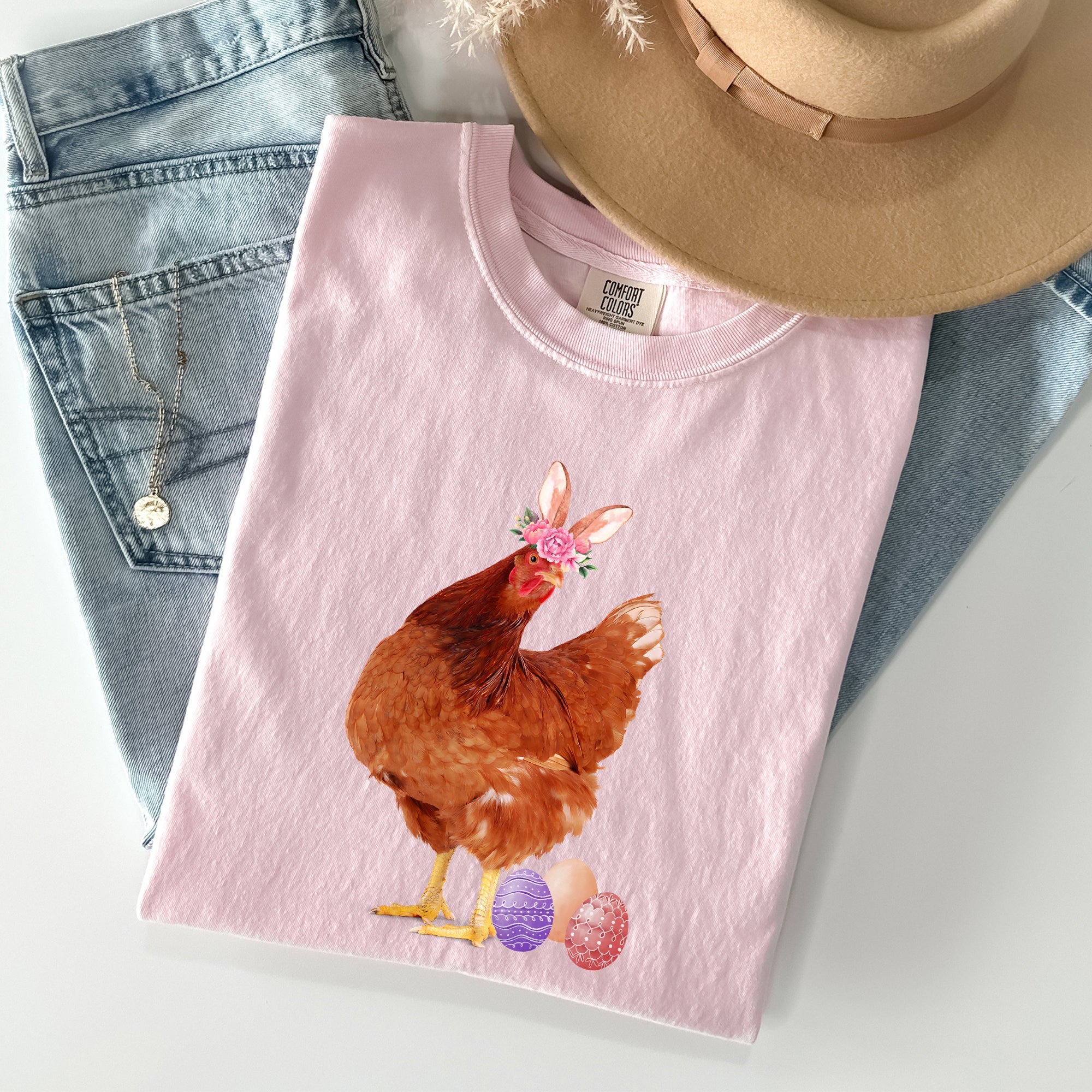 Easter Chicken Rabbit Eggs Funny Vintage Retro Illustration Playful Comfort Colors Tee
