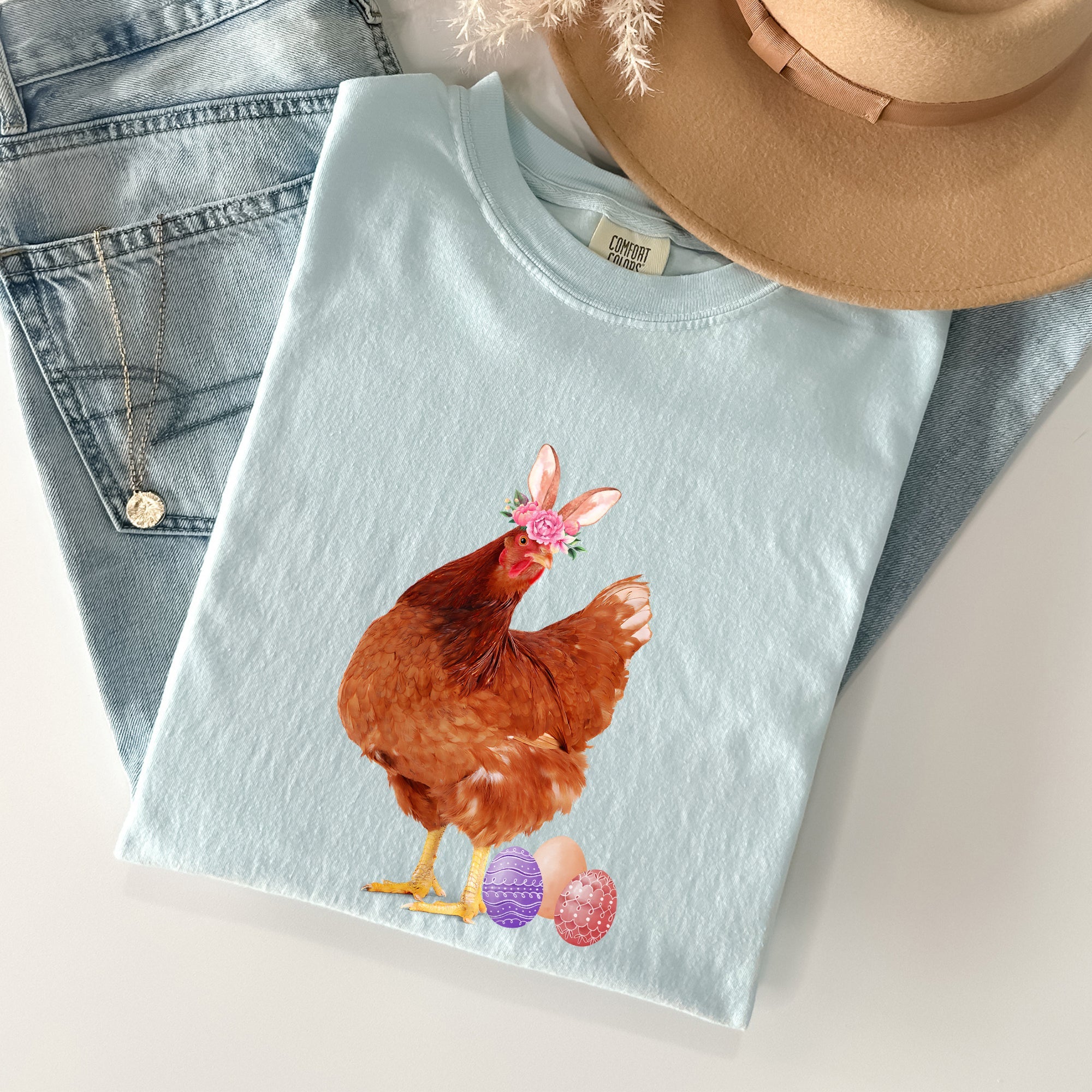 Easter Chicken Rabbit Eggs Funny Vintage Retro Illustration Playful Comfort Colors Tee