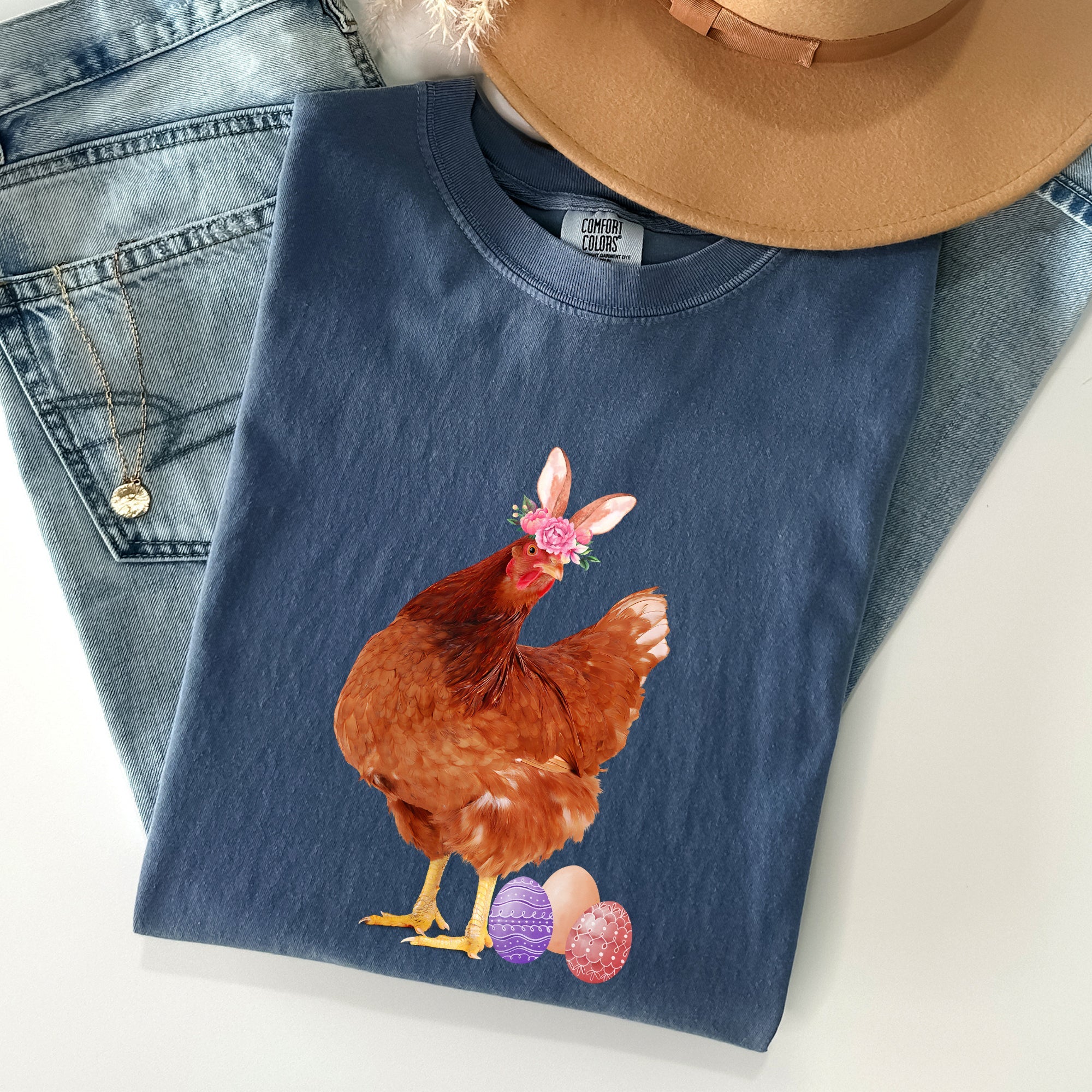 Easter Chicken Rabbit Eggs Funny Vintage Retro Illustration Playful Comfort Colors Tee