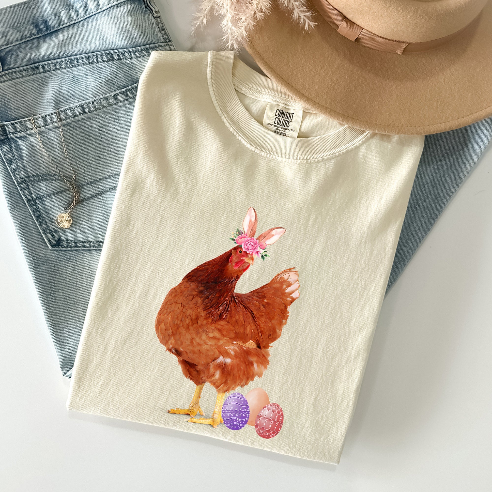 Easter Chicken Rabbit Eggs Funny Vintage Retro Illustration Playful Comfort Colors Tee