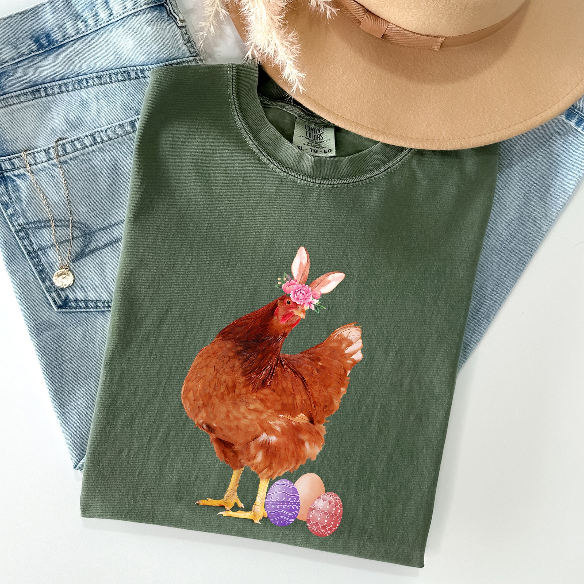 Easter Chicken Rabbit Eggs Funny Vintage Retro Illustration Playful Comfort Colors Tee