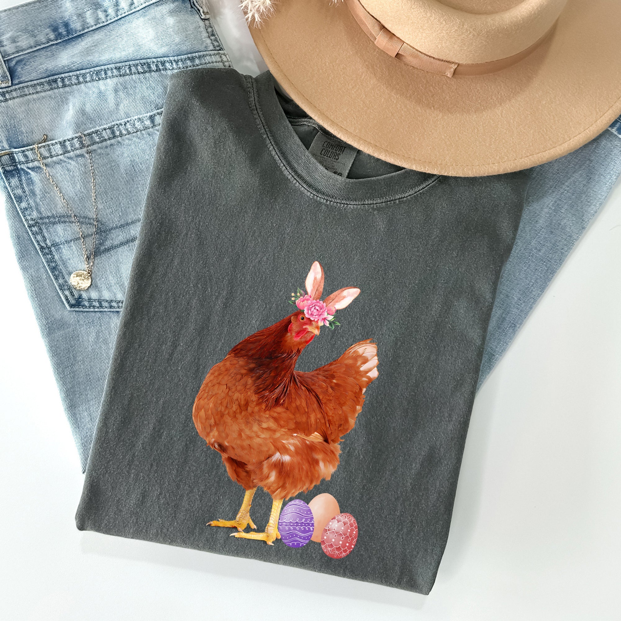 Easter Chicken Rabbit Eggs Funny Vintage Retro Illustration Playful Comfort Colors Tee
