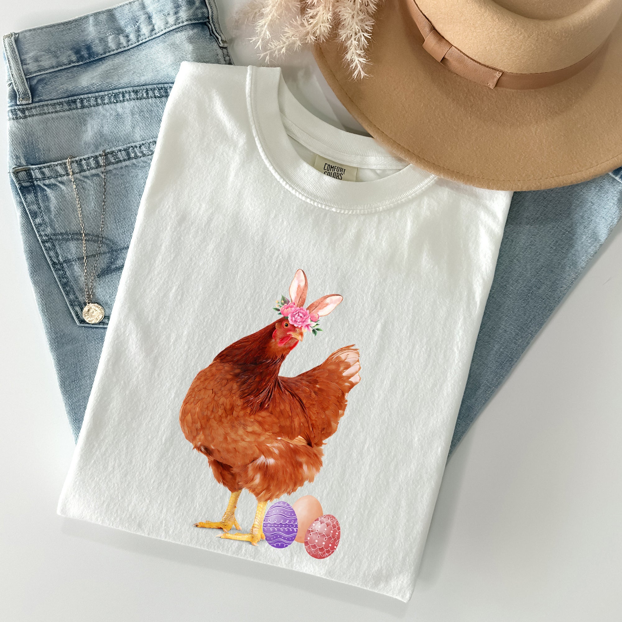 Easter Chicken Rabbit Eggs Funny Vintage Retro Illustration Playful Comfort Colors Tee