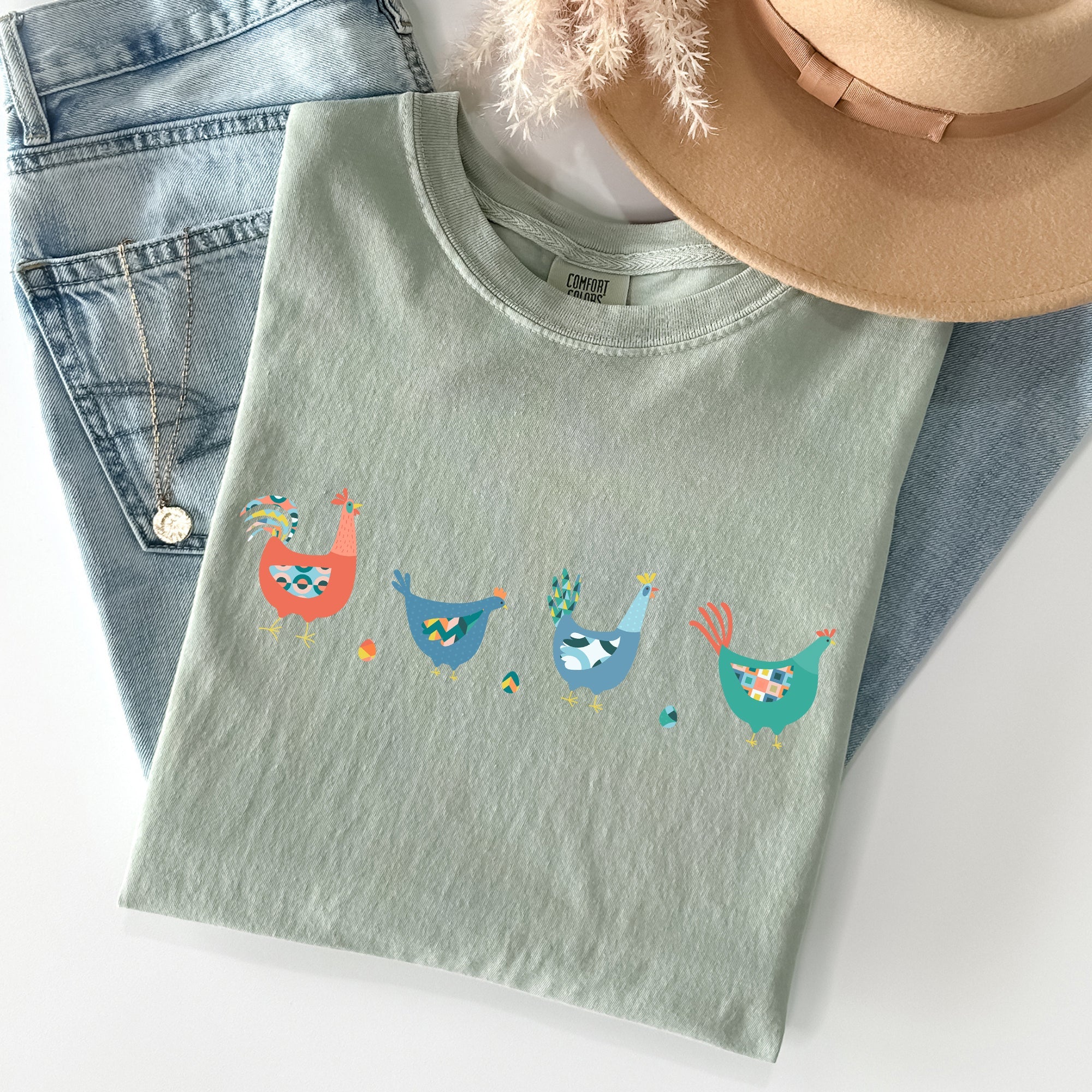 Easter Chickens and Eggs Springtime Vintage Colorful Theme Seasonal Comfort Colors Tee