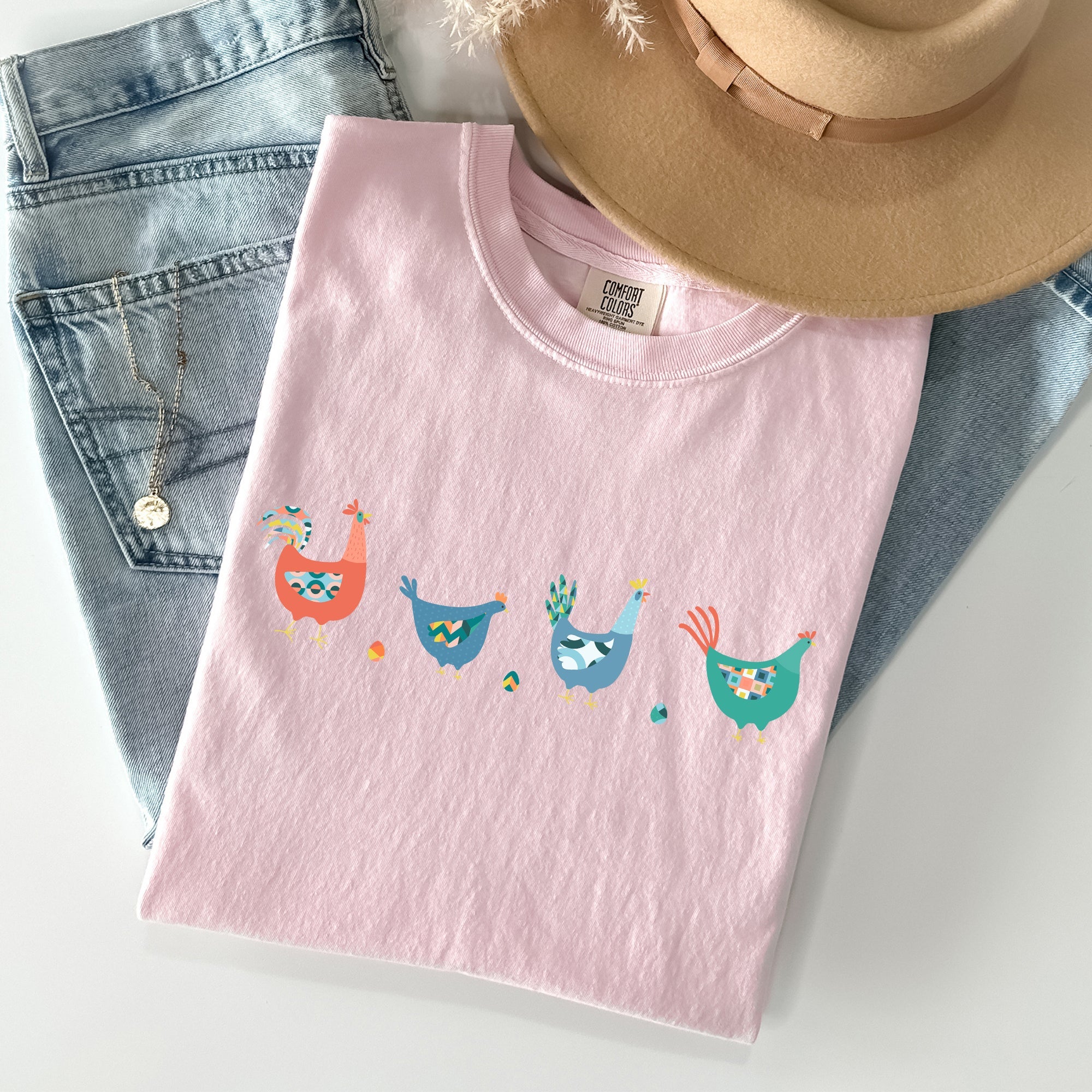 Easter Chickens and Eggs Springtime Vintage Colorful Theme Seasonal Comfort Colors Tee