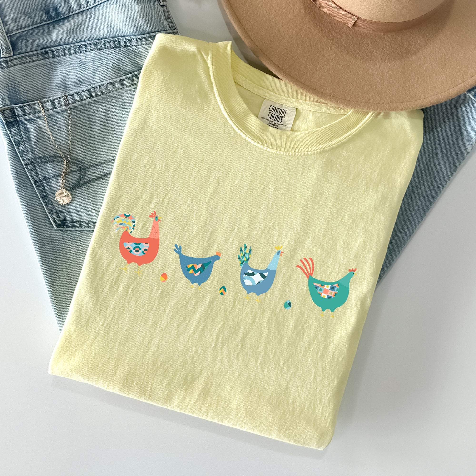 Easter Chickens and Eggs Springtime Vintage Colorful Theme Seasonal Comfort Colors Tee