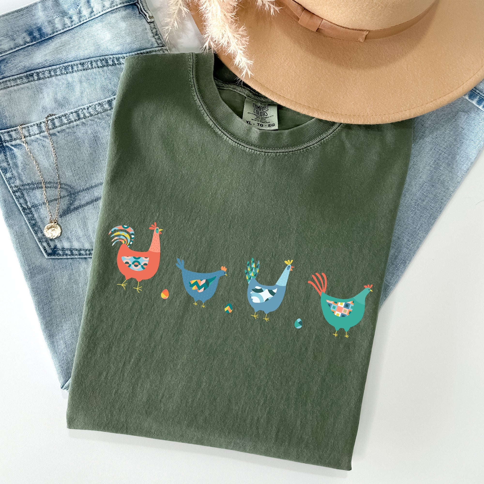 Easter Chickens and Eggs Springtime Vintage Colorful Theme Seasonal Comfort Colors Tee